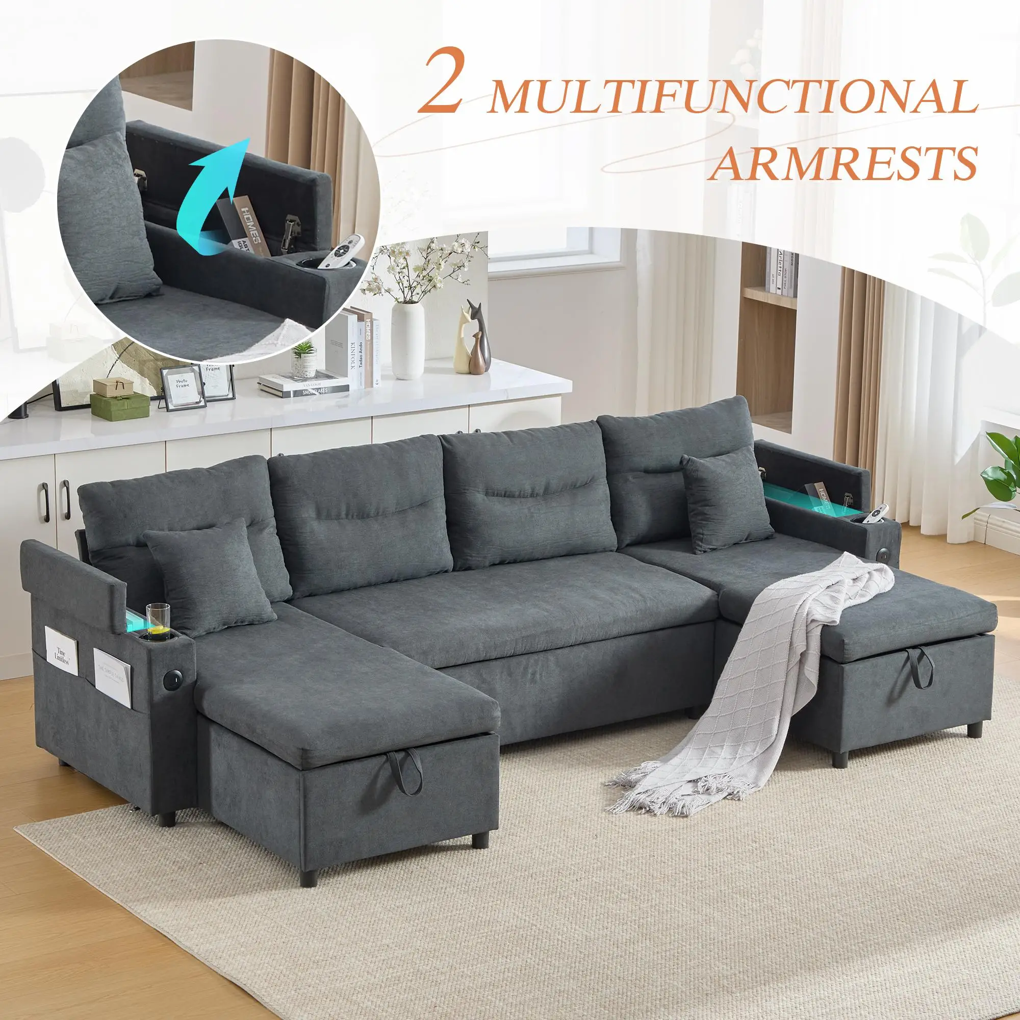 4 Seater Corduroy Sofa 272 x 136 x 86cm - Charcoal Grey - 6