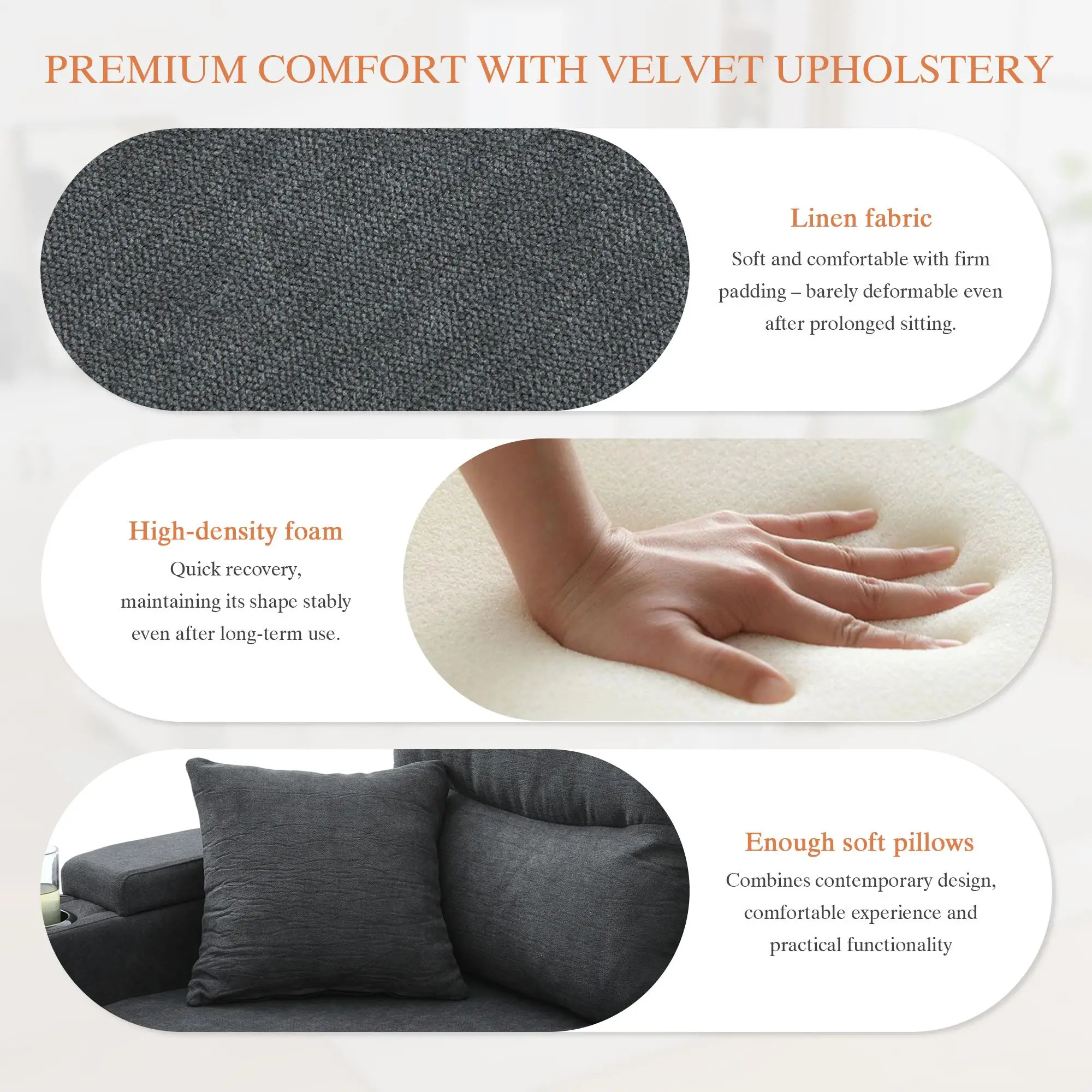 4 Seater Corduroy Sofa 272 x 136 x 86cm - Charcoal Grey - 7