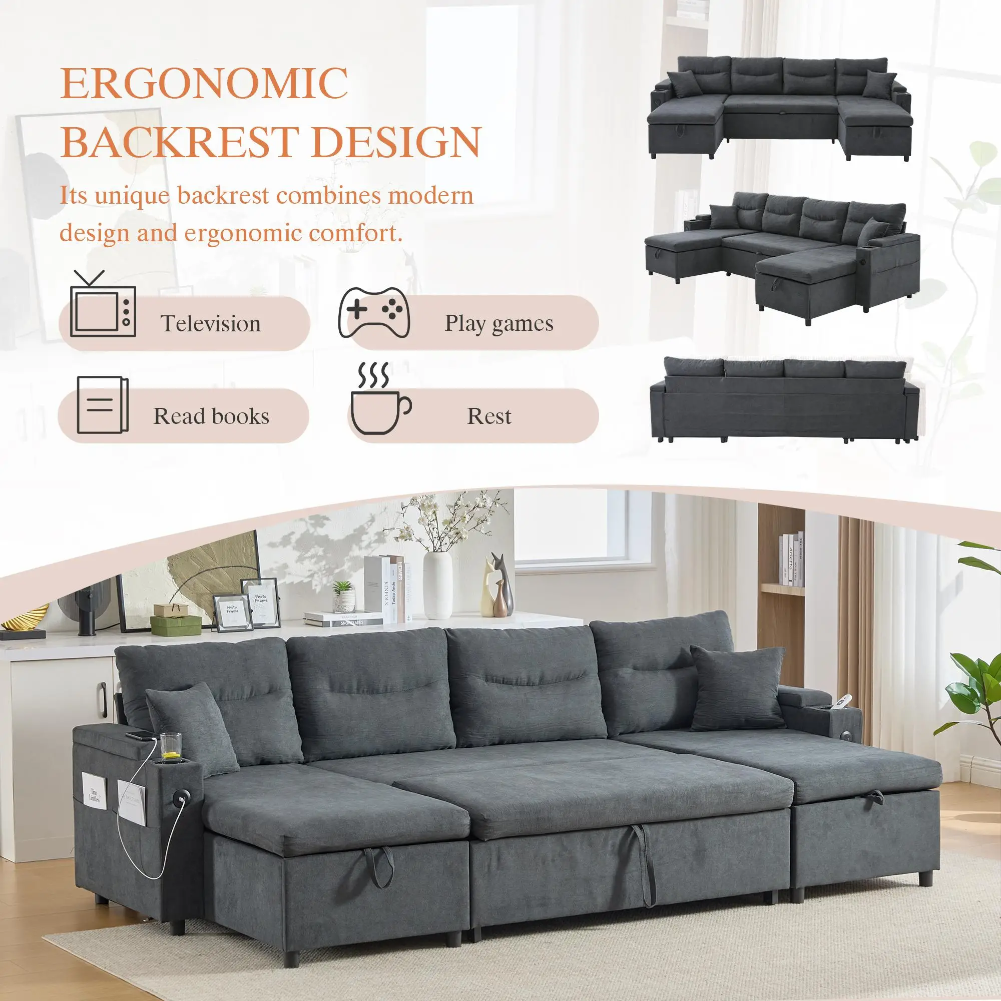 4 Seater Corduroy Sofa 272 x 136 x 86cm - Charcoal Grey - 9