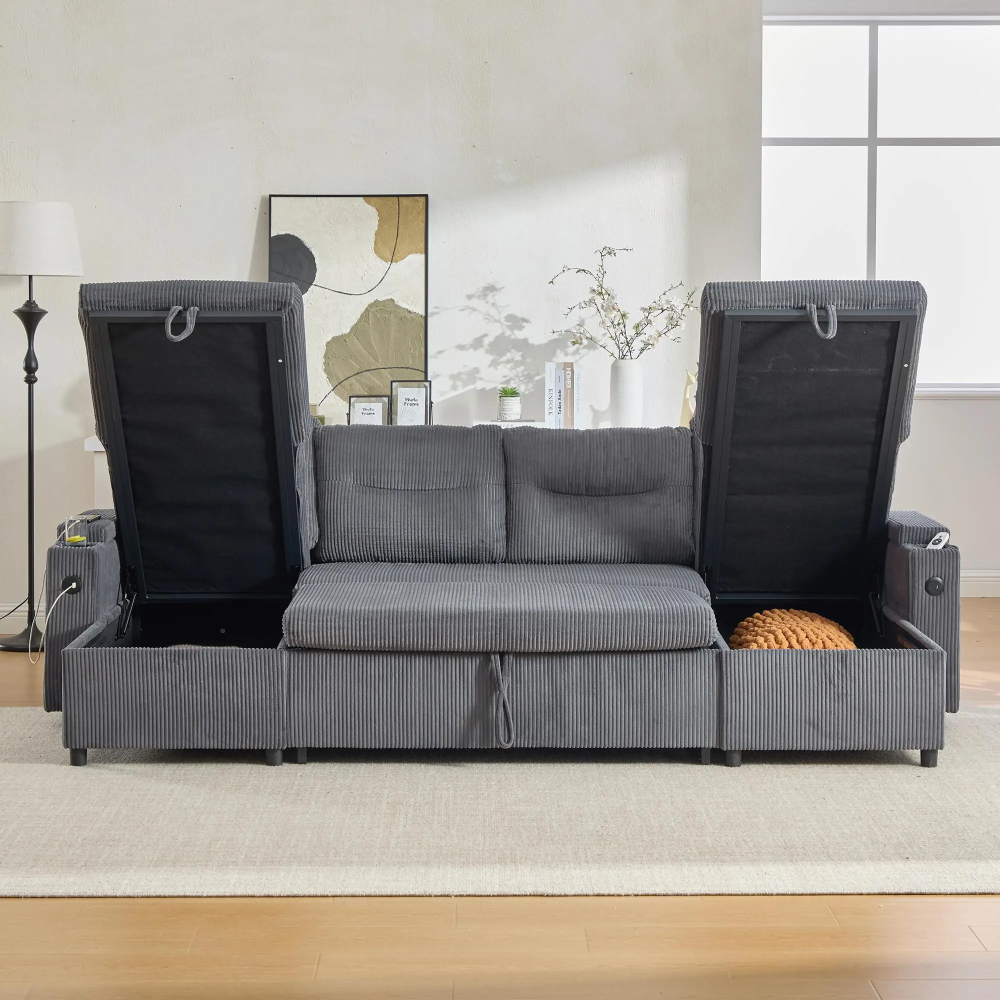 4 Seater Corduroy Sofa 272 x 136 x 86cm - Charcoal Grey - 10