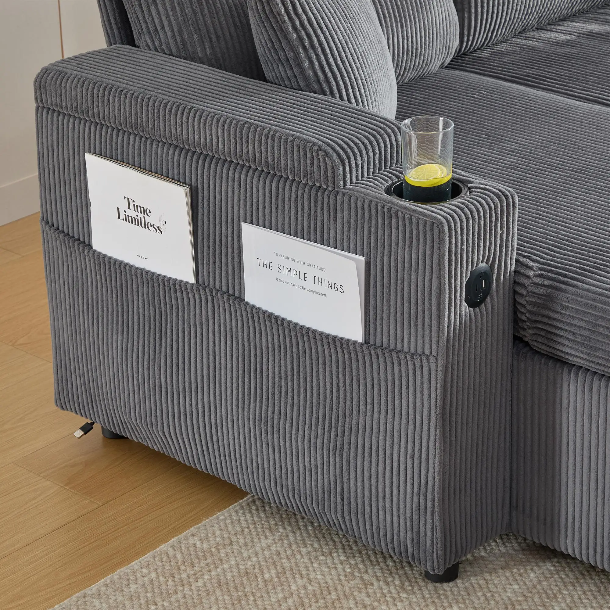 4 Seater Corduroy Sofa 272 x 136 x 86cm - Charcoal Grey - 13