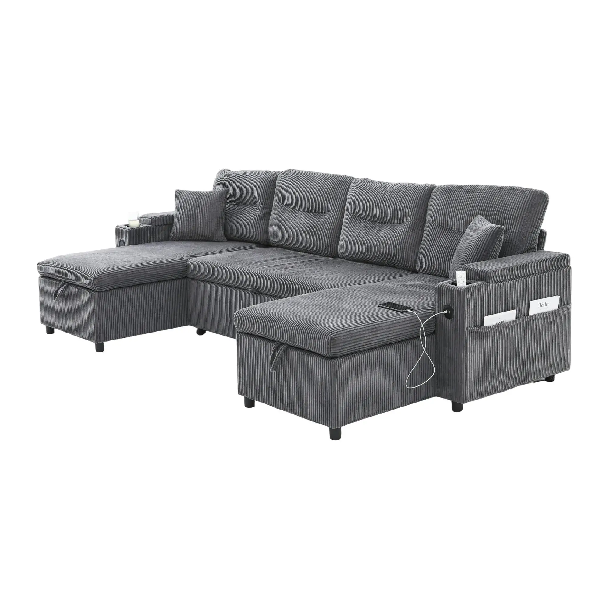 4 Seater Corduroy Sofa 272 x 136 x 86cm - Charcoal Grey - 15