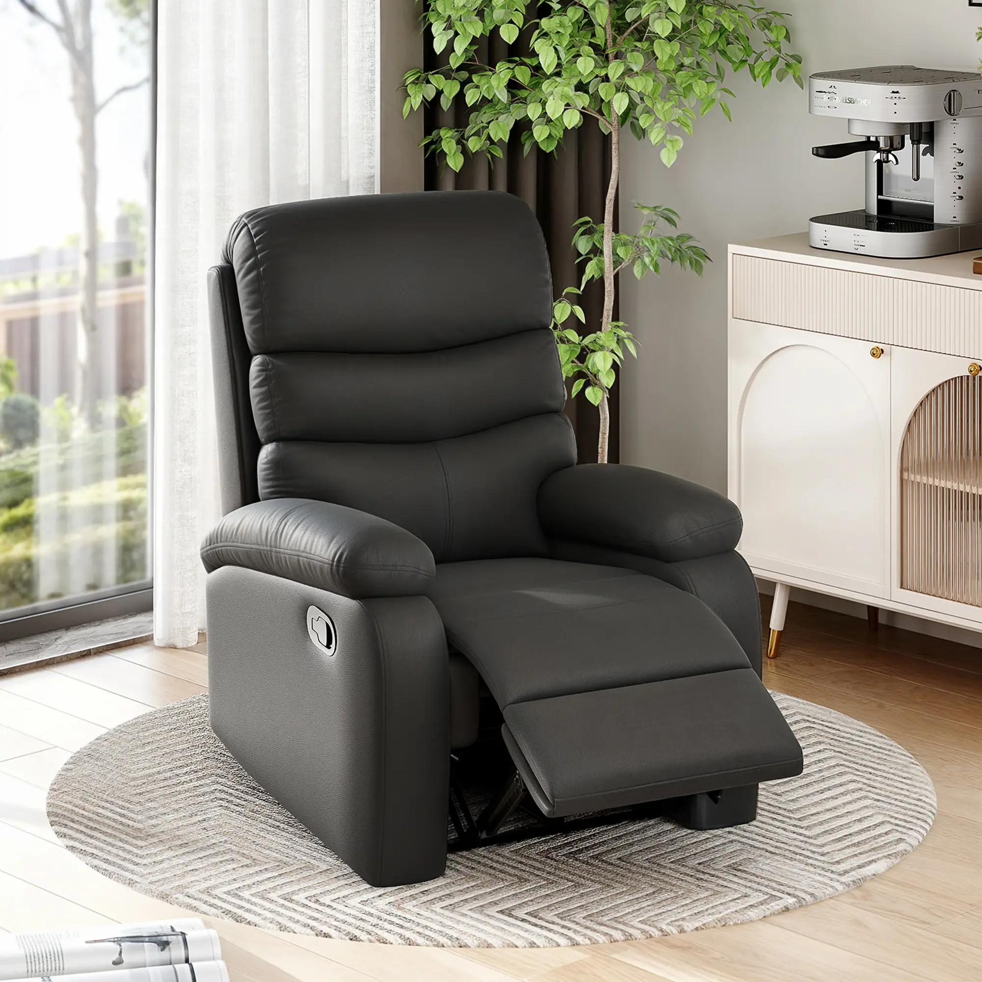 Manual Faux Leather Recliner Armchair 80 x 90 x 105cm, Black - Black - 2
