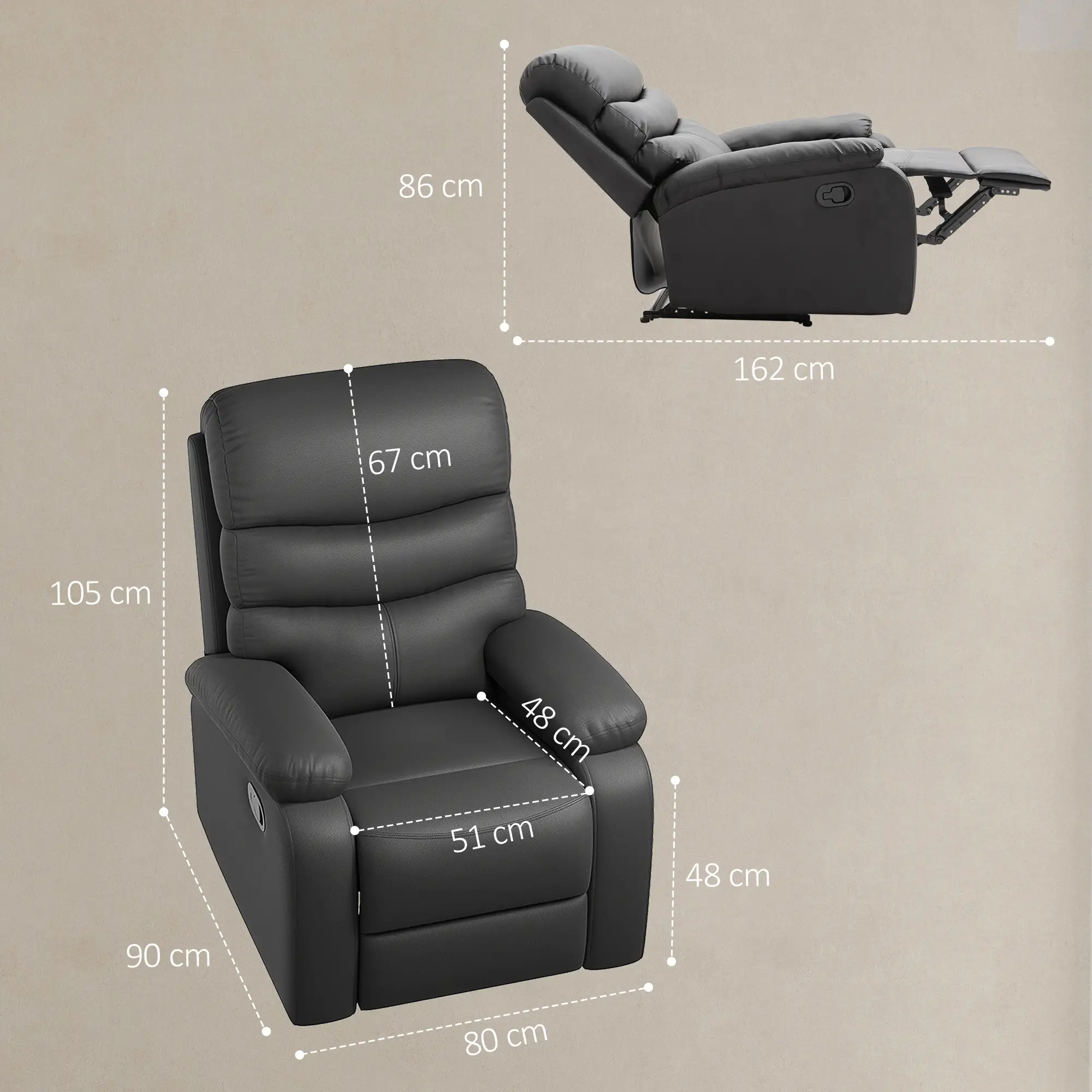 Manual Faux Leather Recliner Armchair 80 x 90 x 105cm, Black - Black - 3
