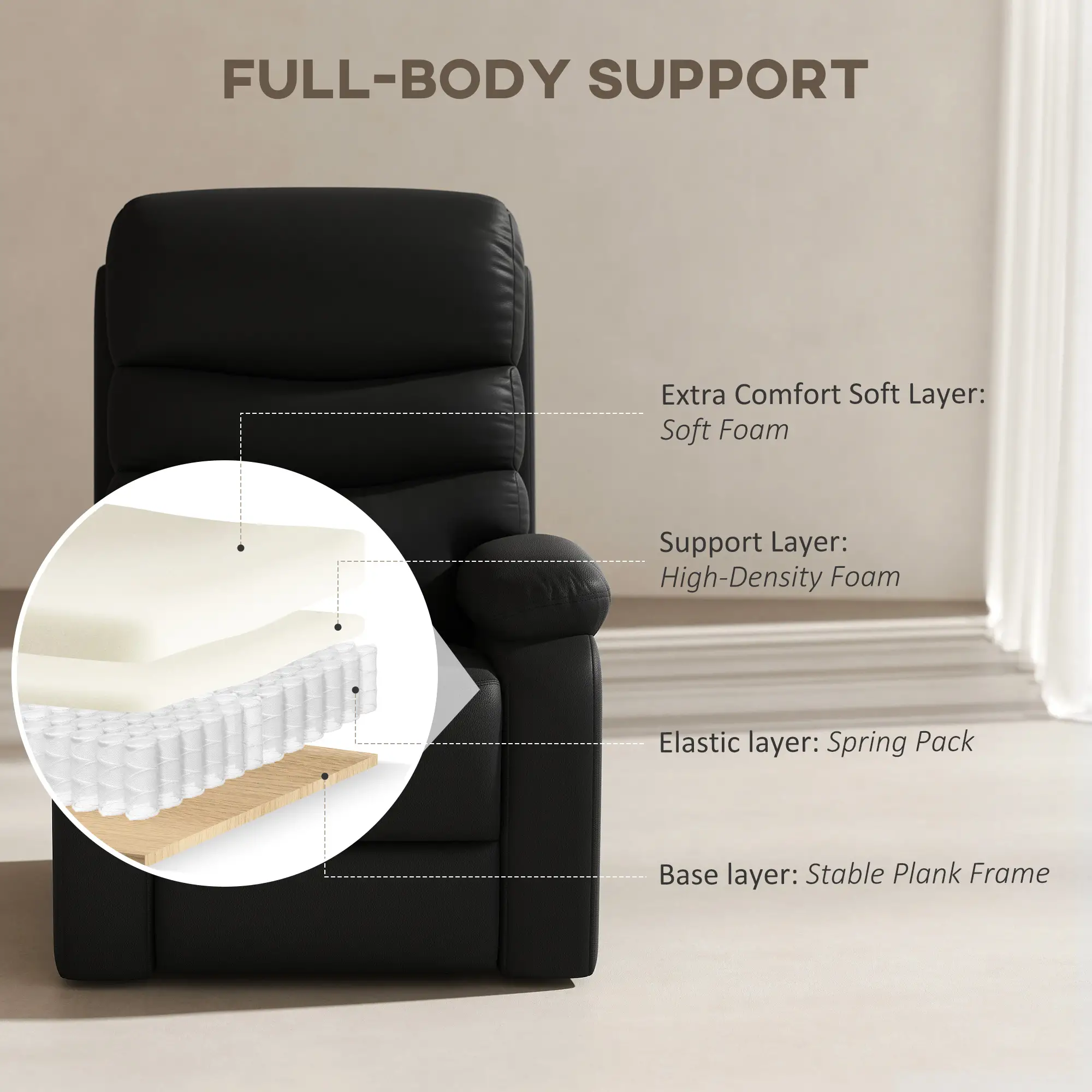 Manual Faux Leather Recliner Armchair 80 x 90 x 105cm, Black - Black - 5