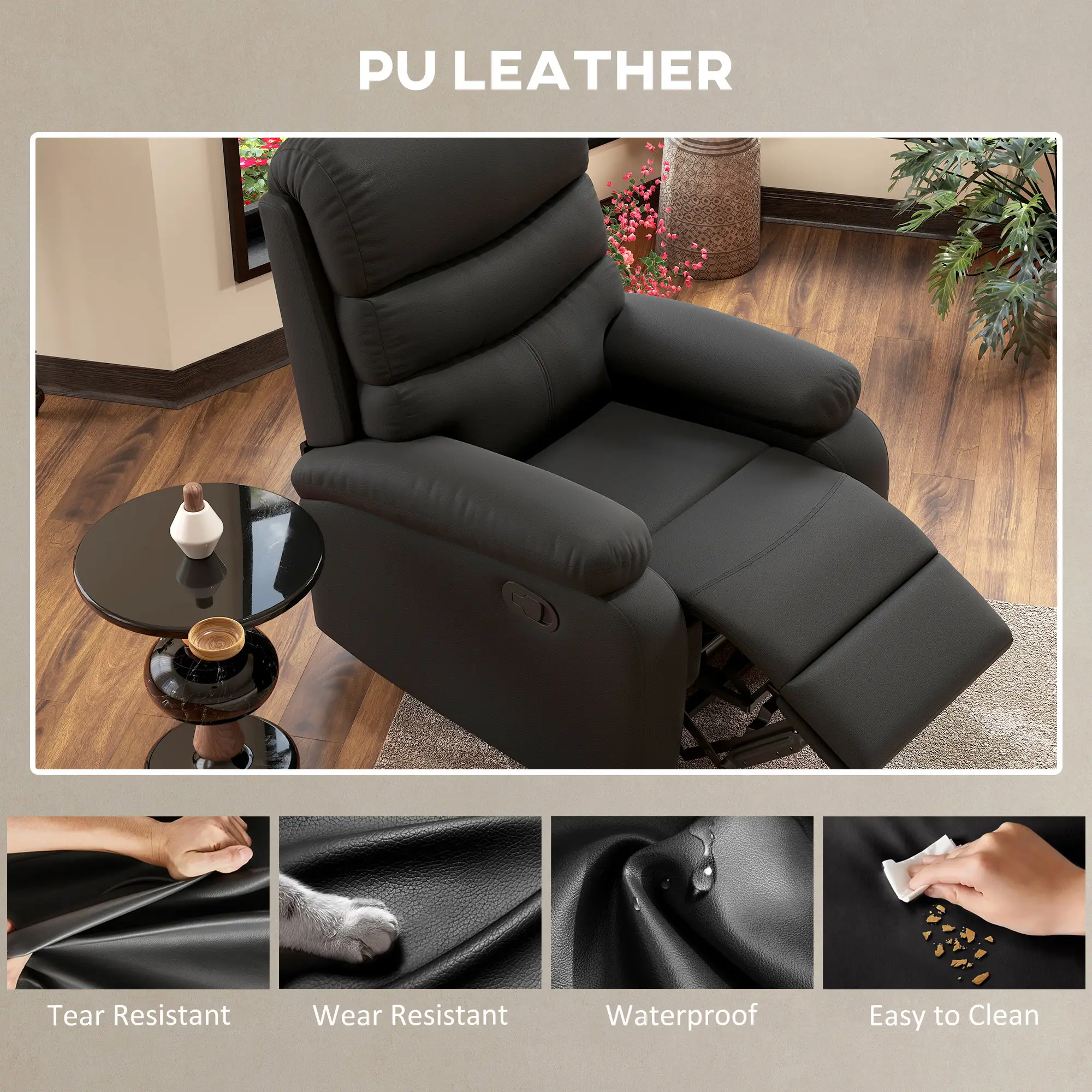 Manual Faux Leather Recliner Armchair 80 x 90 x 105cm, Black - Black - 8