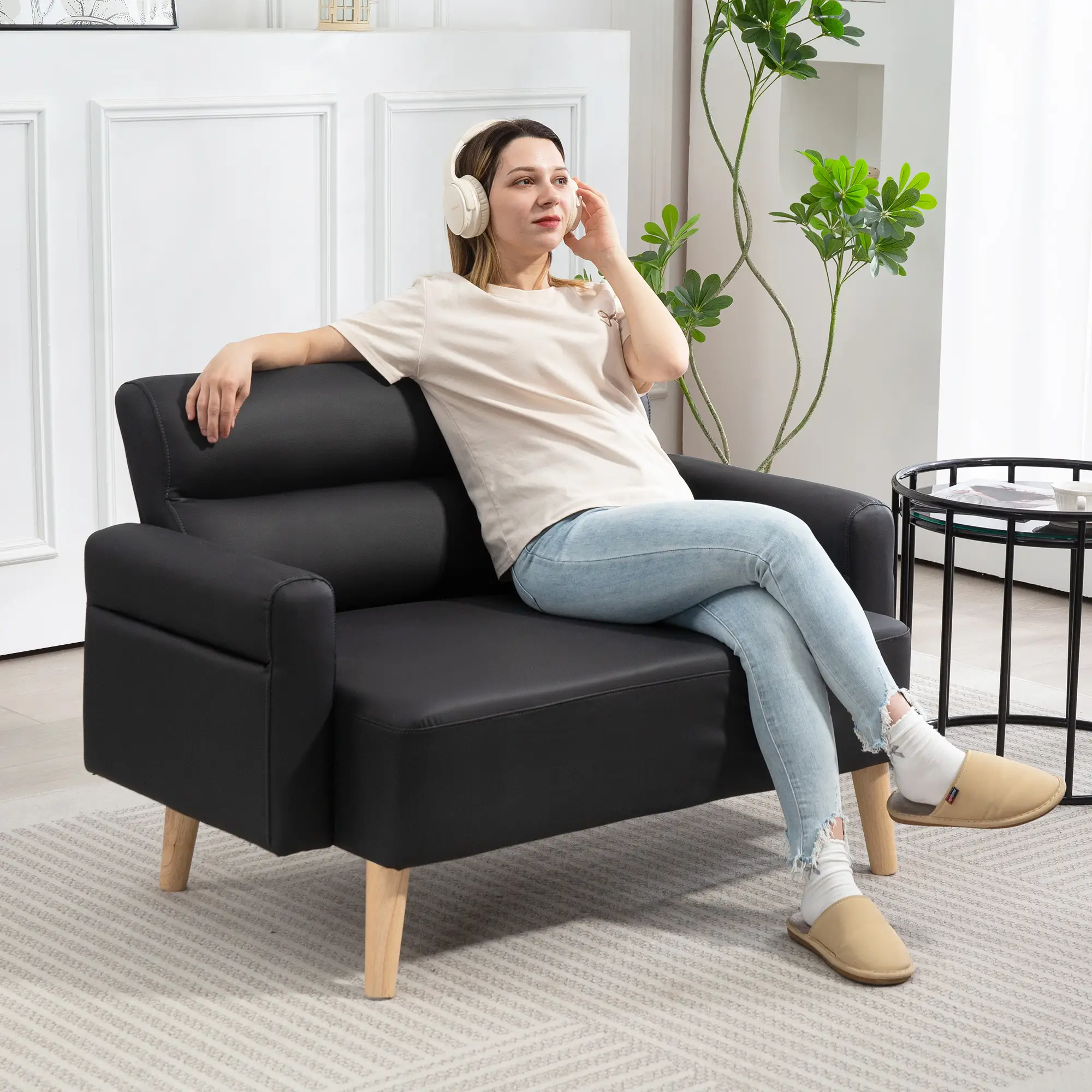 2 Seater Faux Leather Sofa 117 x 78 x 78cm, Black - Black - 2