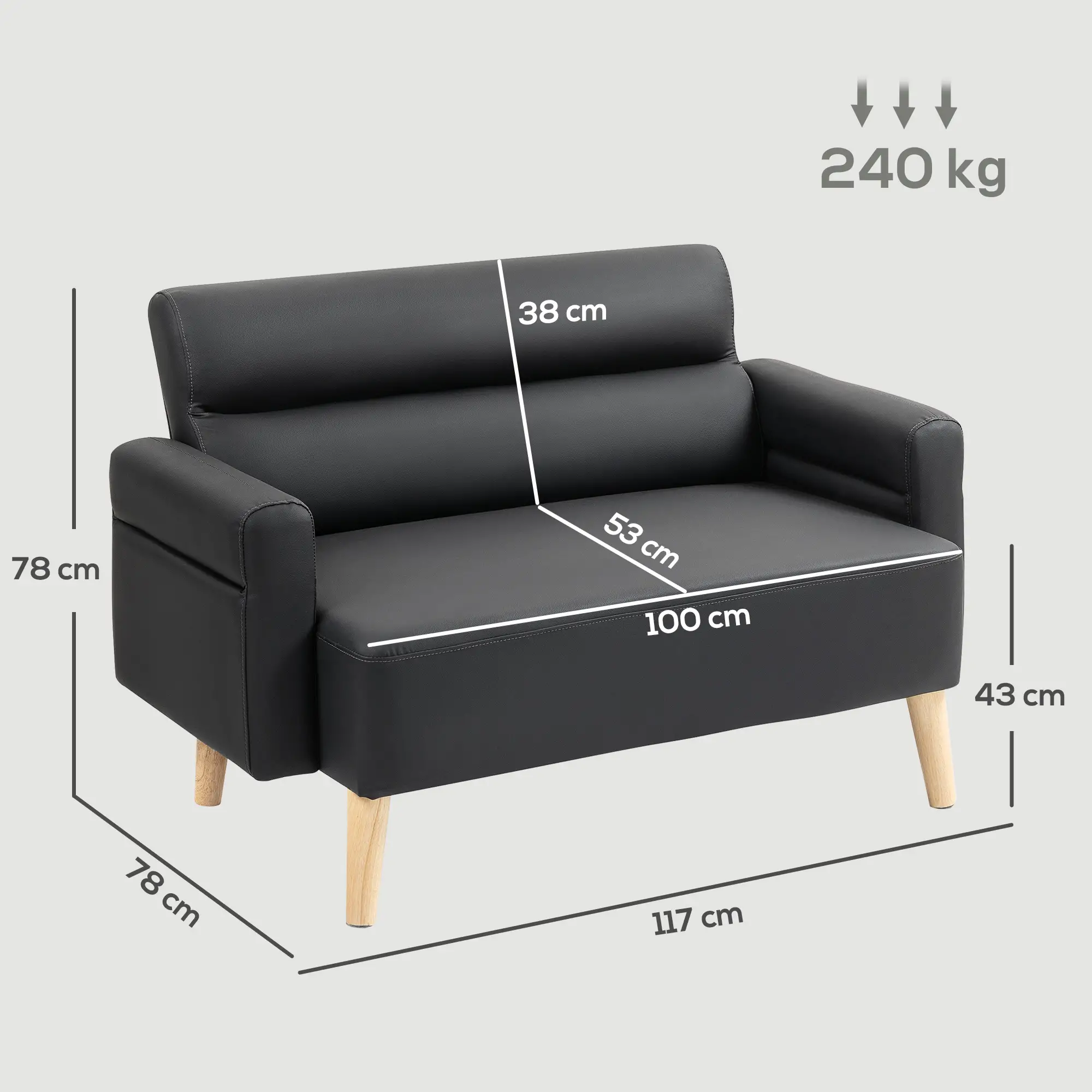 2 Seater Faux Leather Sofa 117 x 78 x 78cm, Black - Black - 3