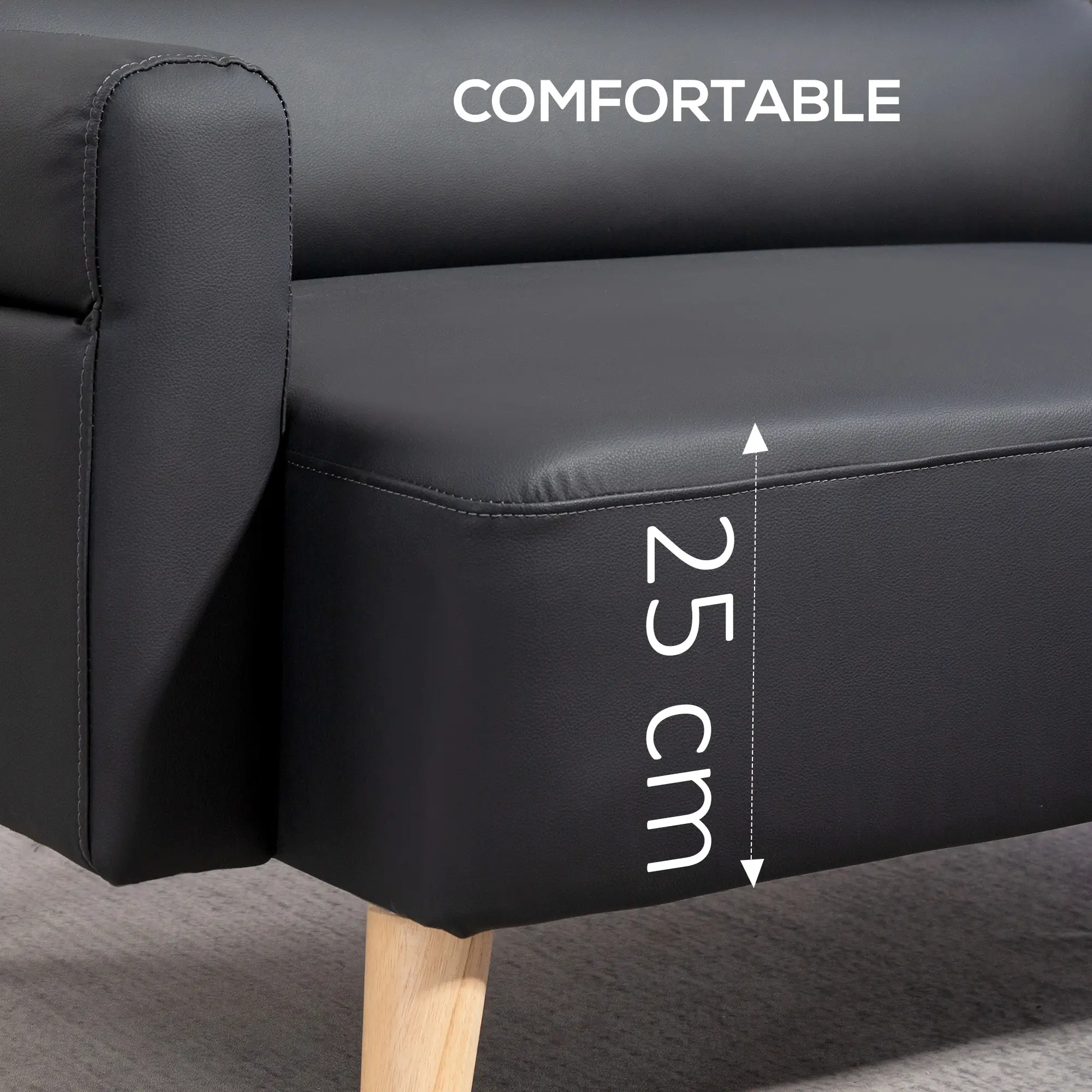 2 Seater Faux Leather Sofa 117 x 78 x 78cm, Black - Black - 4