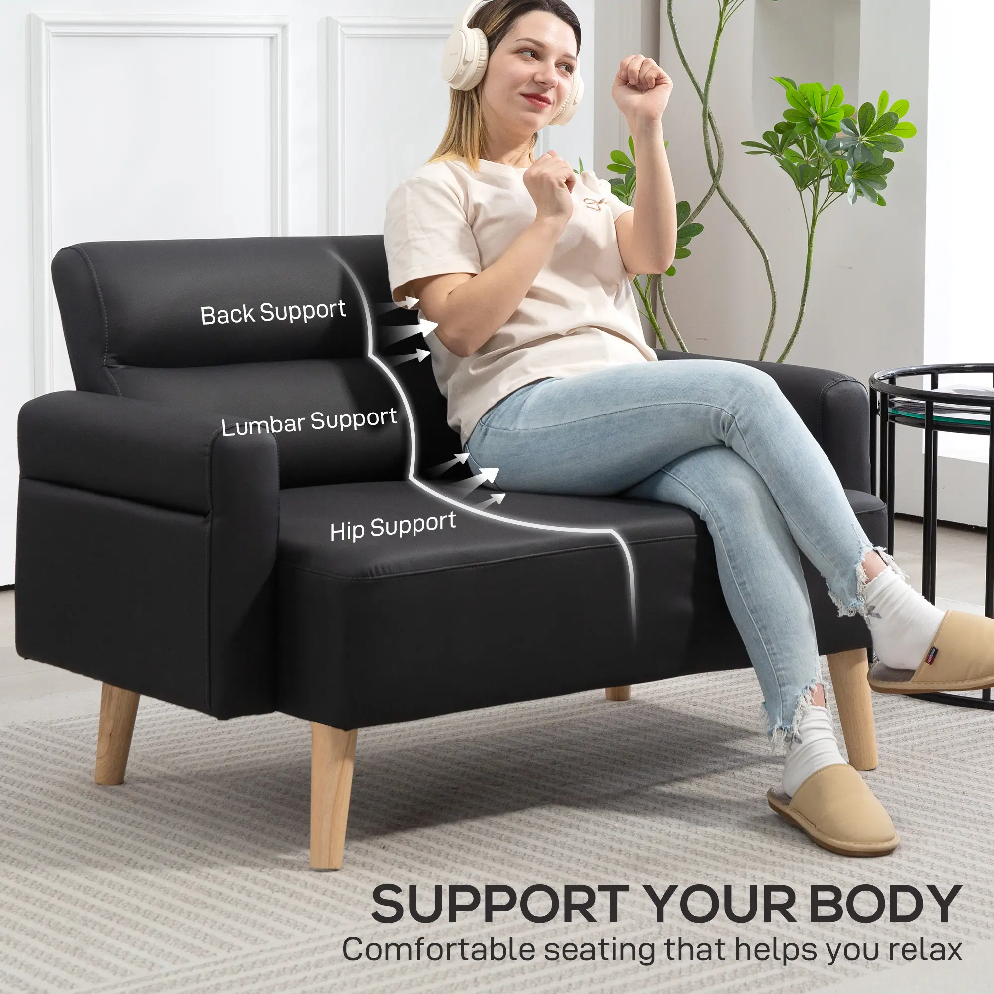 2 Seater Faux Leather Sofa 117 x 78 x 78cm, Black - Black - 5