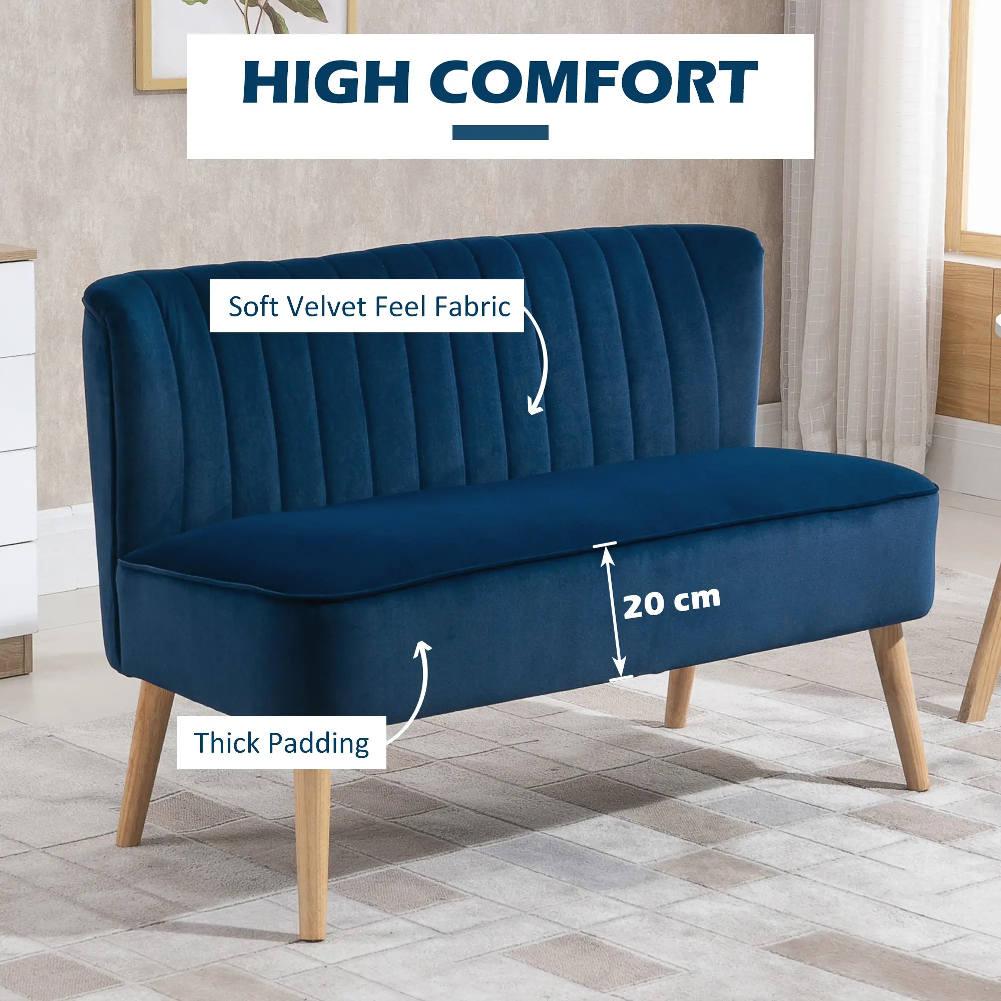 Velvet Sofa 117 x 56.5 x 77cm - Dark Blue - 4