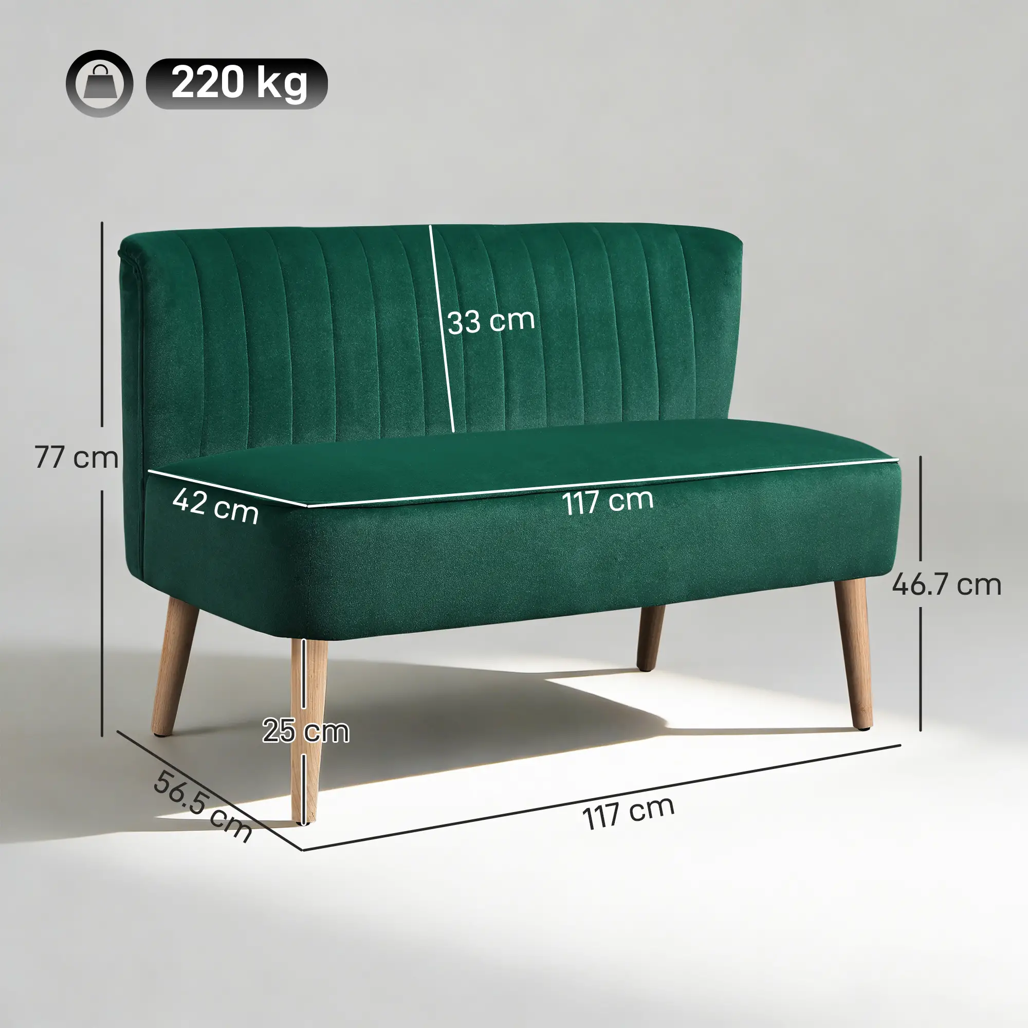 Velvet Sofa 117 x 56.5 x 77cm - Dark Green - 3