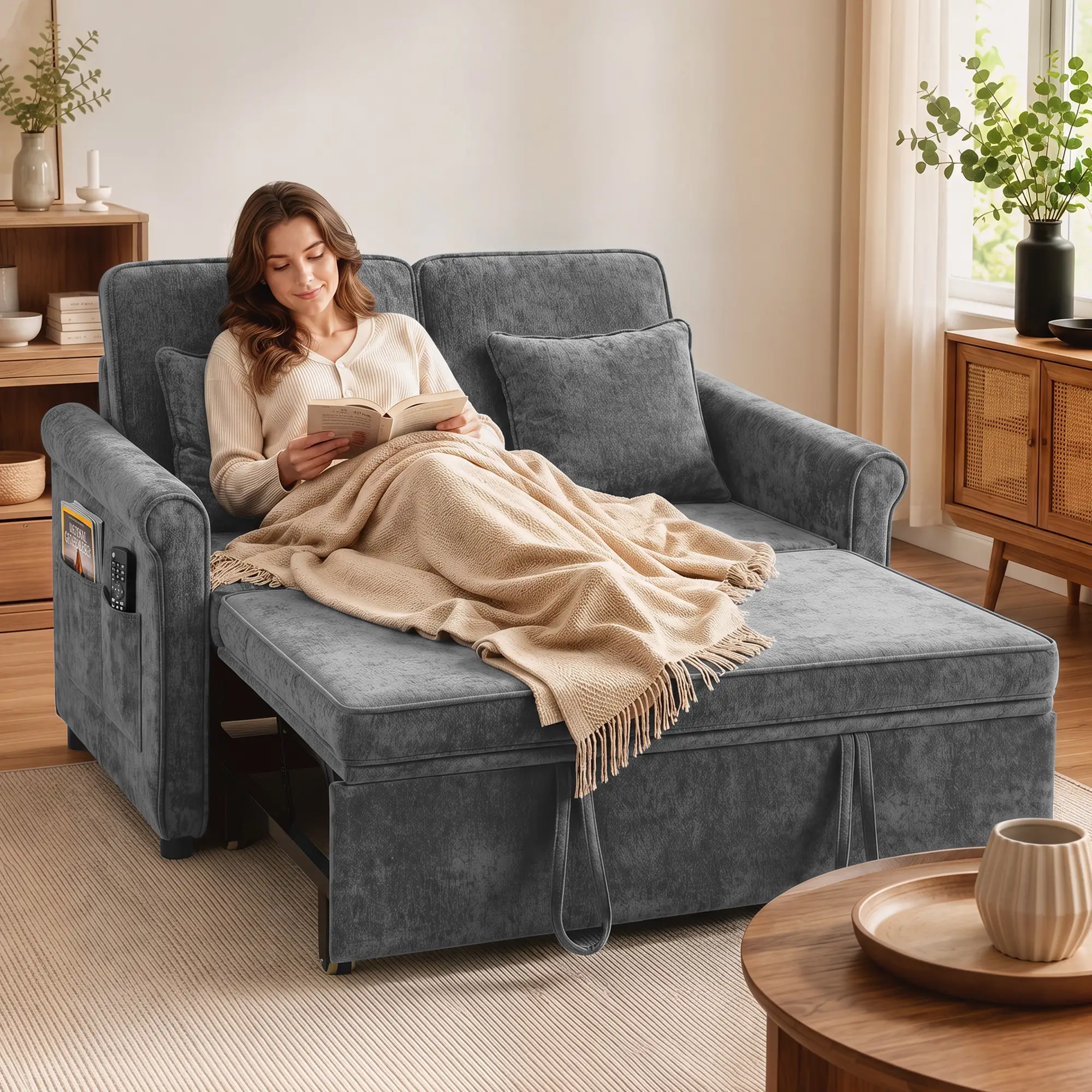 2 Seater Chenille Sofa Bed 130 x 91 x 100cm - Grey - 2