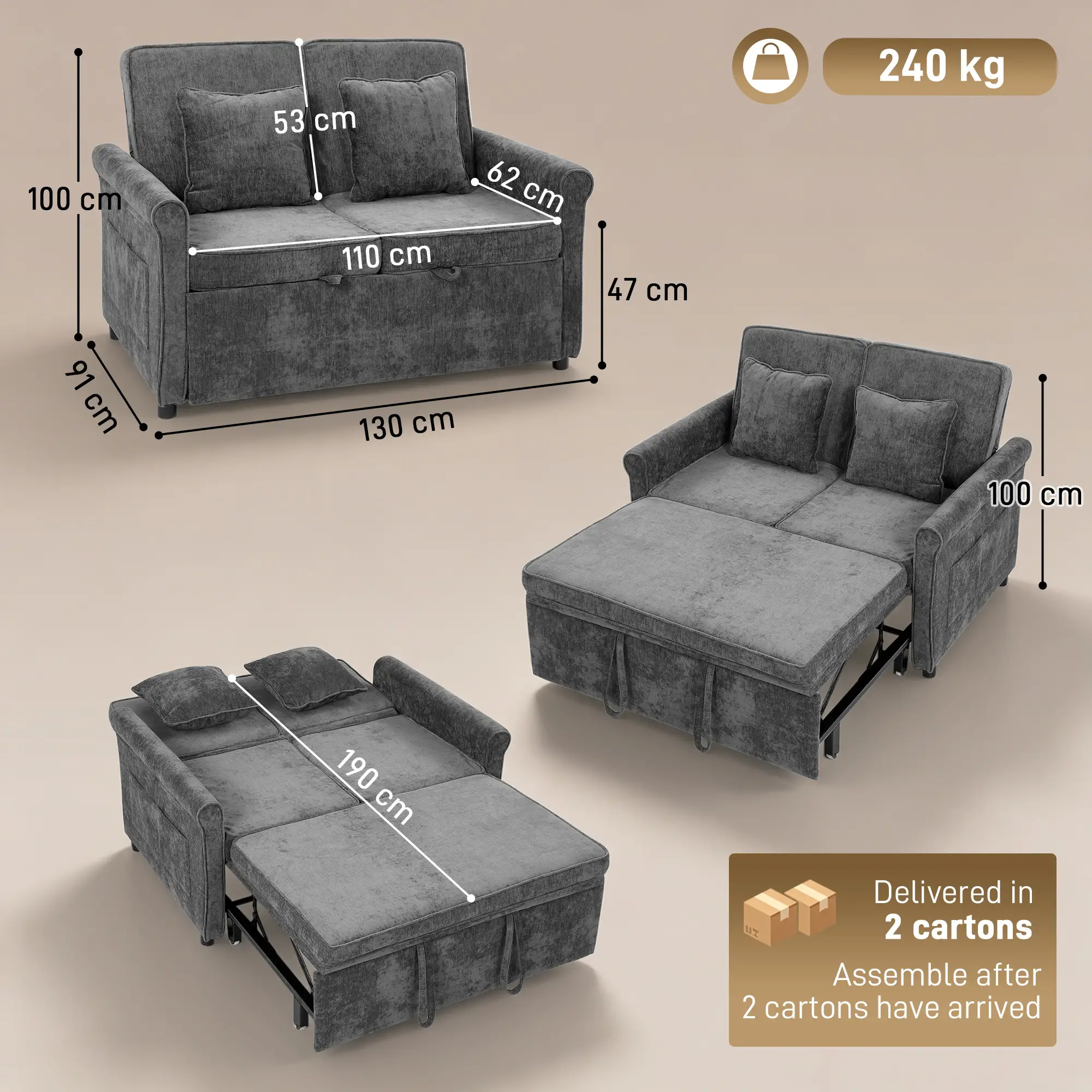 2 Seater Chenille Sofa Bed 130 x 91 x 100cm - Grey - 3
