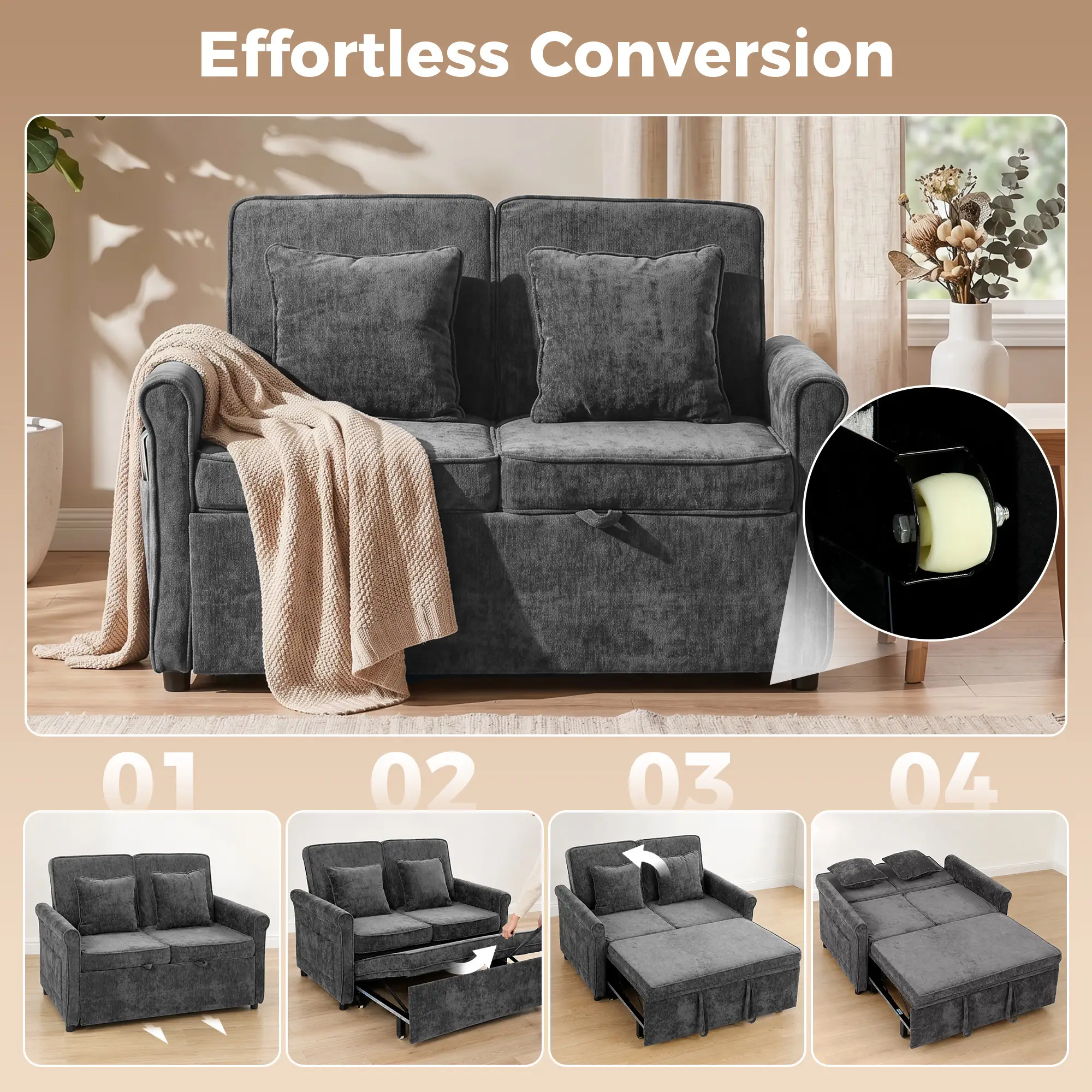 2 Seater Chenille Sofa Bed 130 x 91 x 100cm - Grey - 4