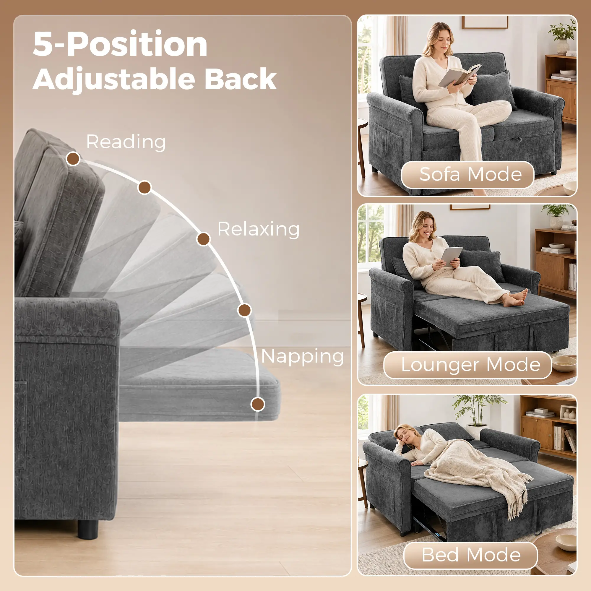 2 Seater Chenille Sofa Bed 130 x 91 x 100cm - Grey - 5