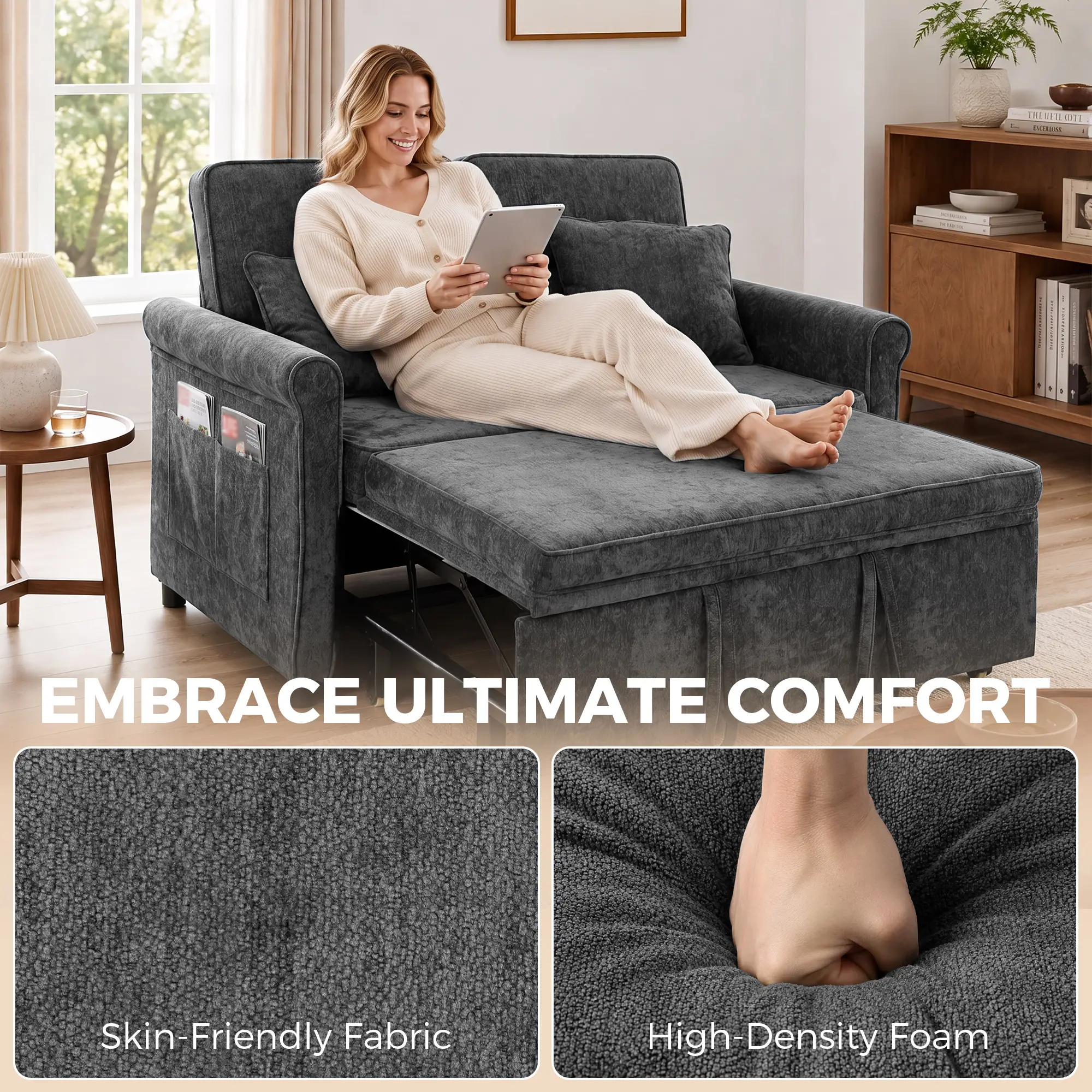 2 Seater Chenille Sofa Bed 130 x 91 x 100cm - Grey - 6
