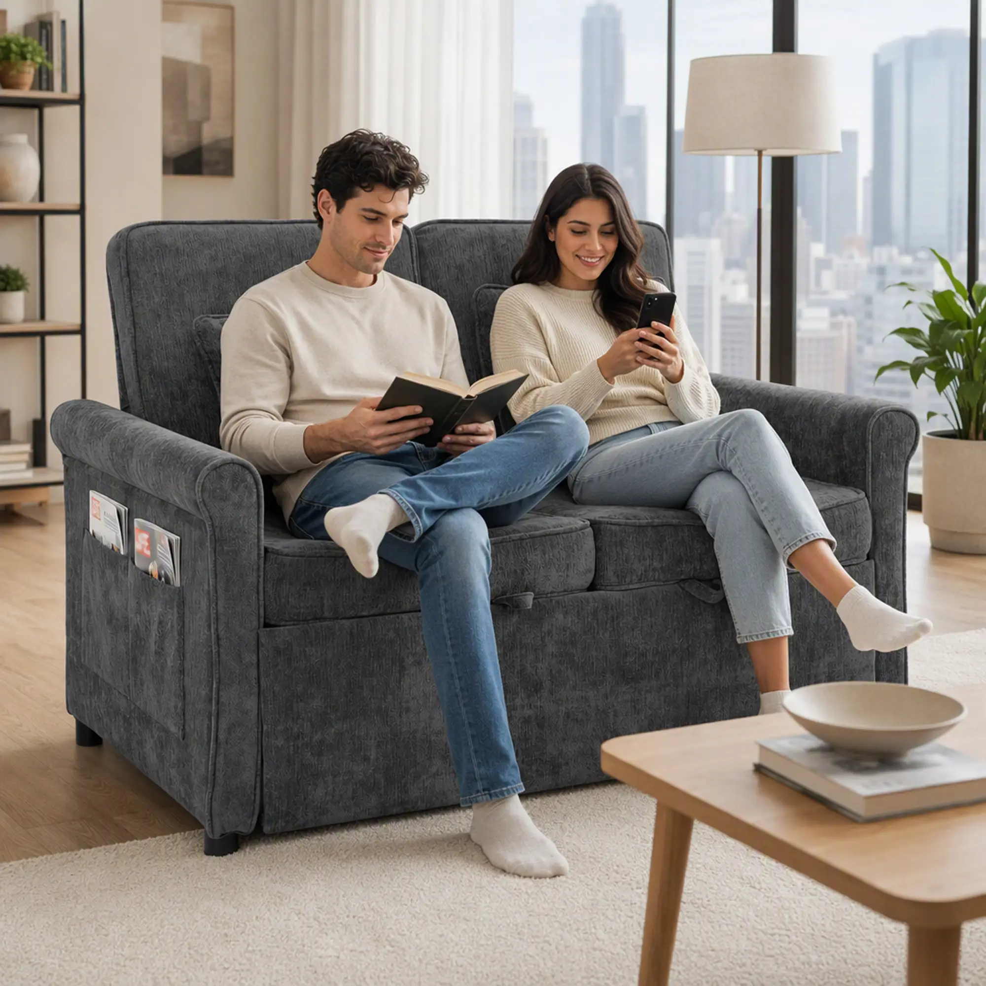 2 Seater Chenille Sofa Bed 130 x 91 x 100cm - Grey - 8