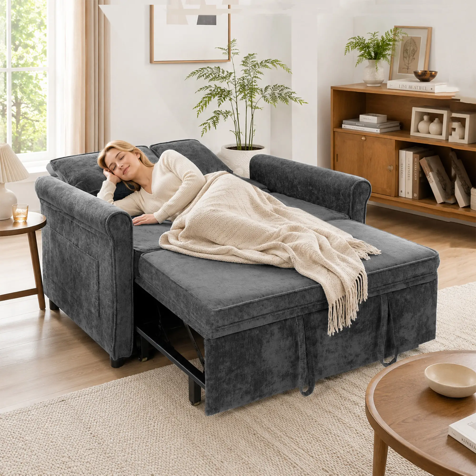 2 Seater Chenille Sofa Bed 130 x 91 x 100cm - Grey - 9