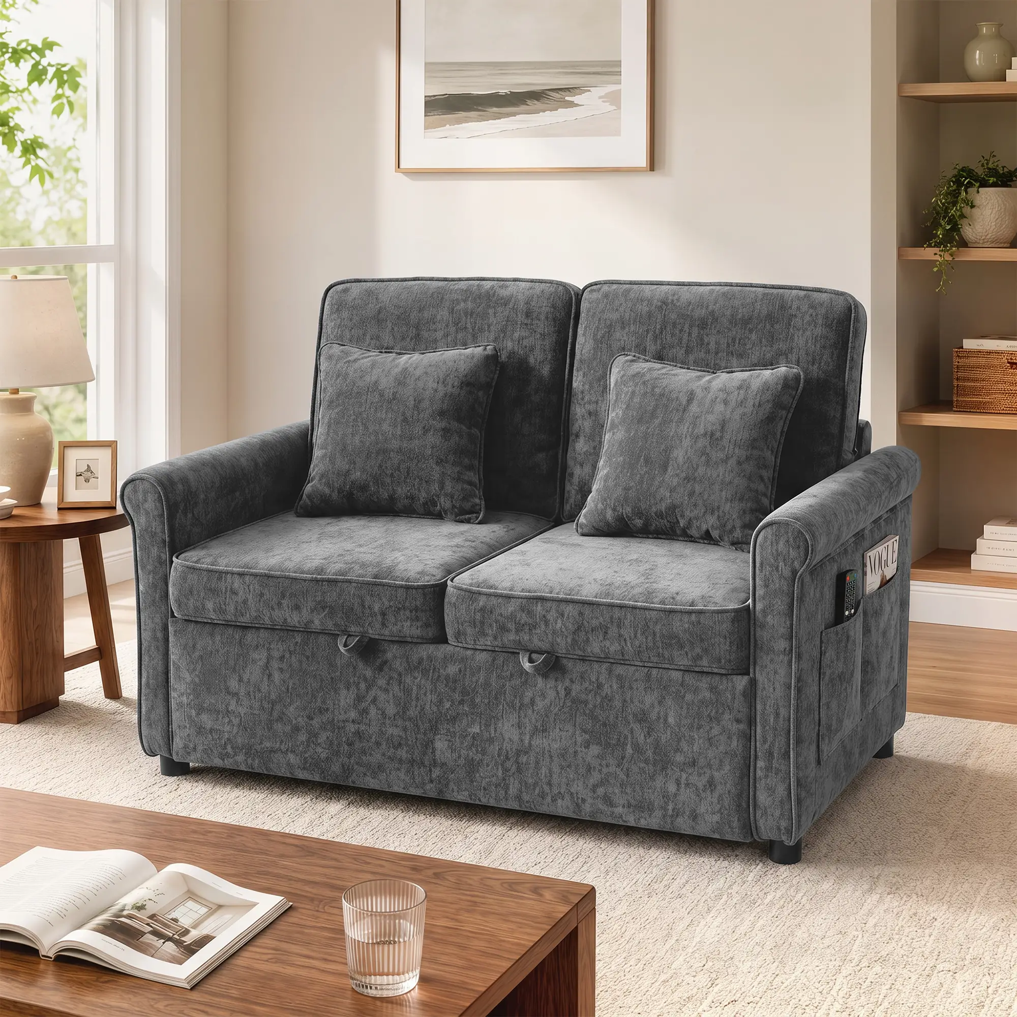 2 Seater Chenille Sofa Bed 130 x 91 x 100cm - Grey - 14