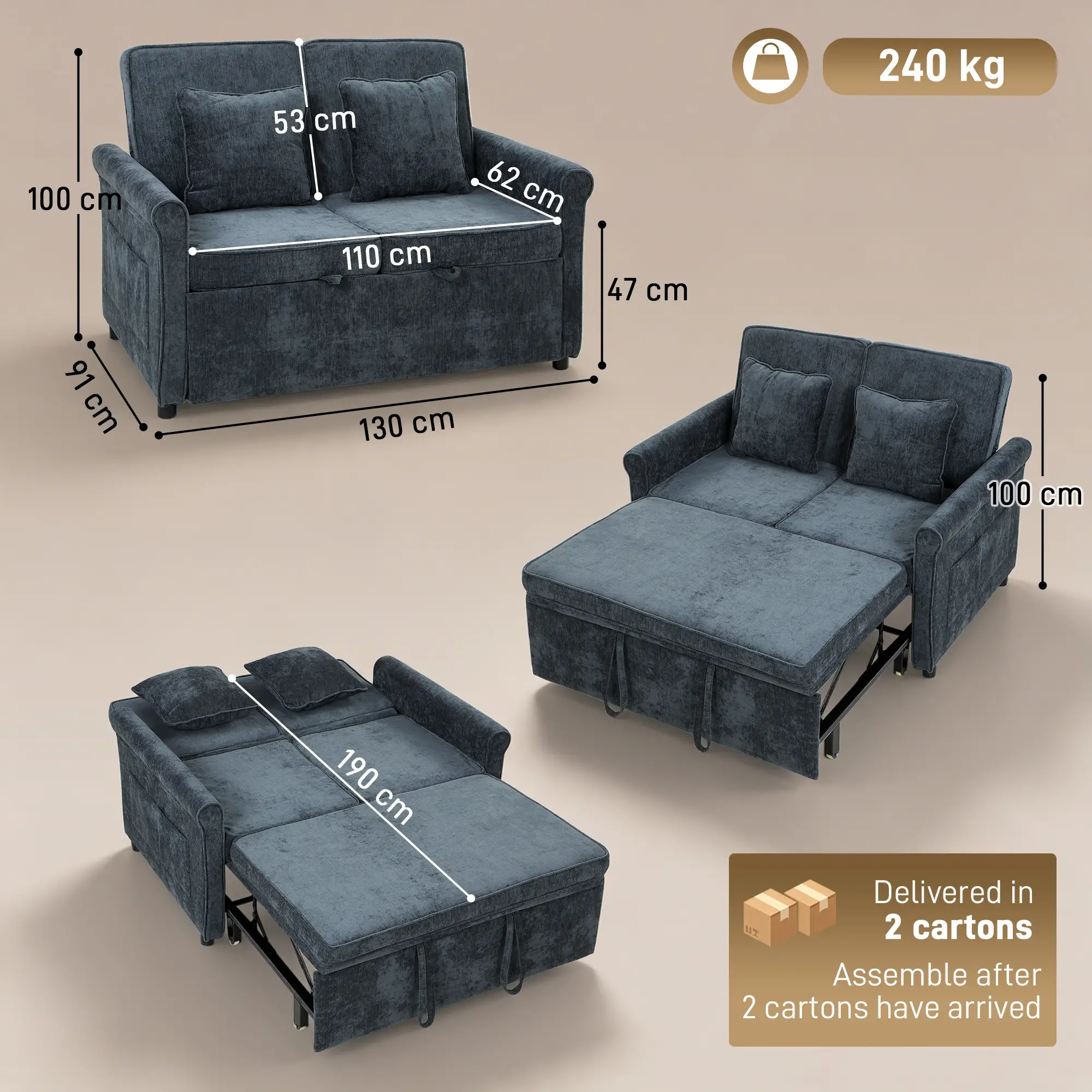 2 Seater Chenille Sofa Bed 130 x 91 x 100cm - Dark Blue - 3