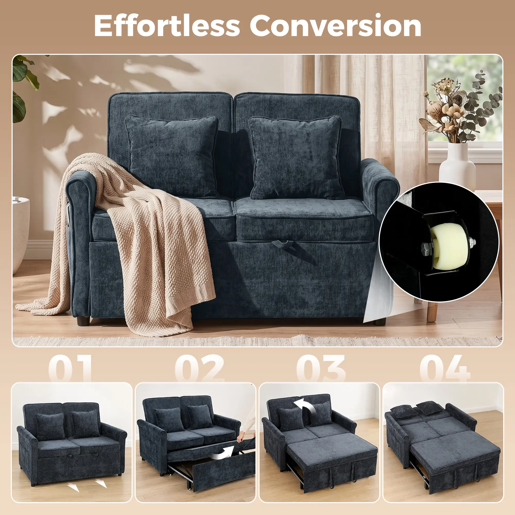 2 Seater Chenille Sofa Bed 130 x 91 x 100cm - Dark Blue - 4