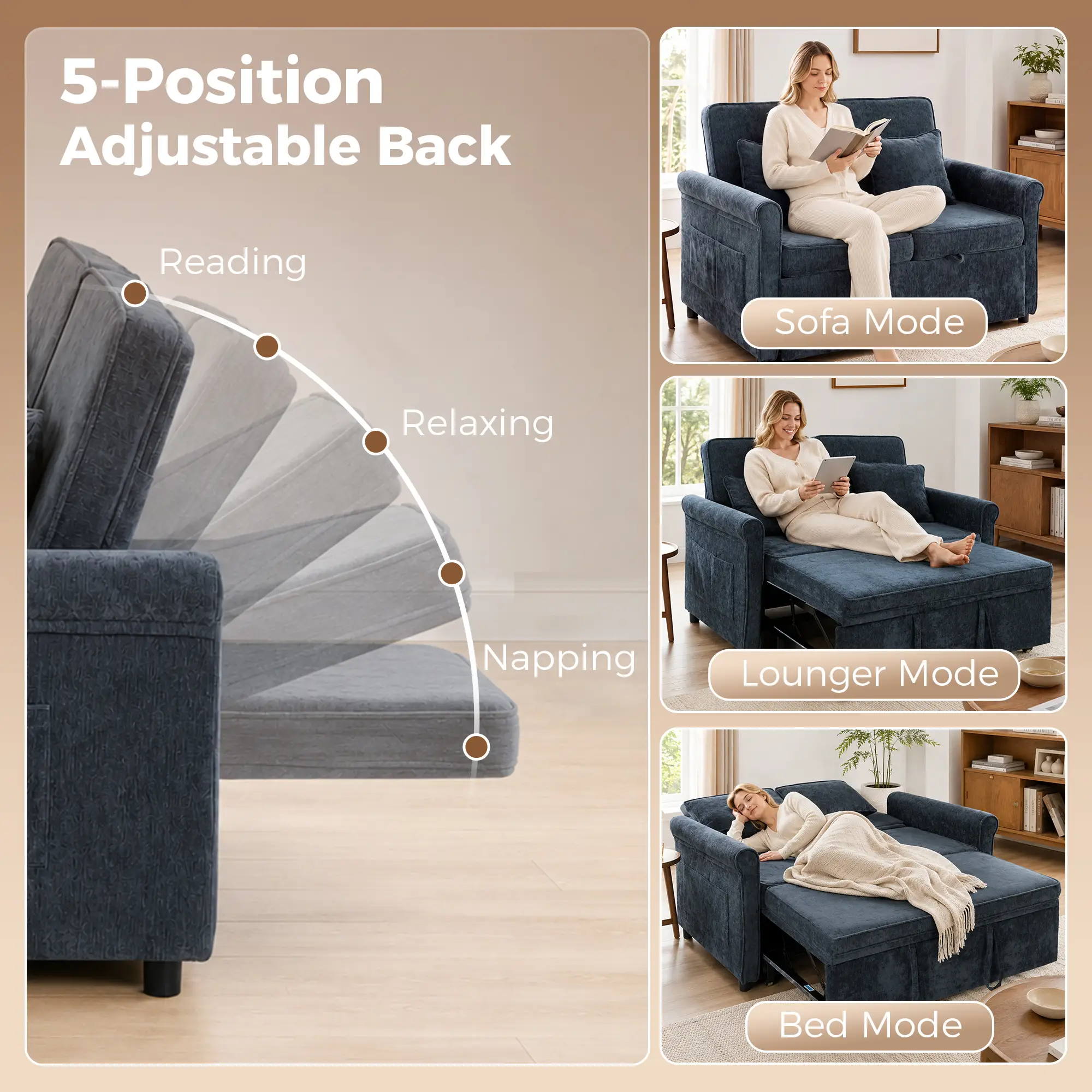 2 Seater Chenille Sofa Bed 130 x 91 x 100cm - Dark Blue - 5