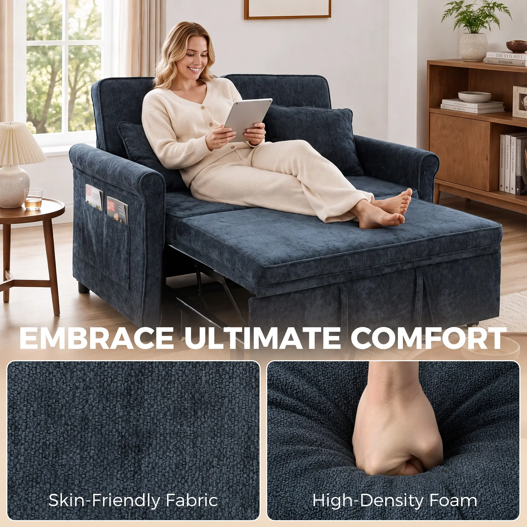 2 Seater Chenille Sofa Bed 130 x 91 x 100cm - Dark Blue - 6
