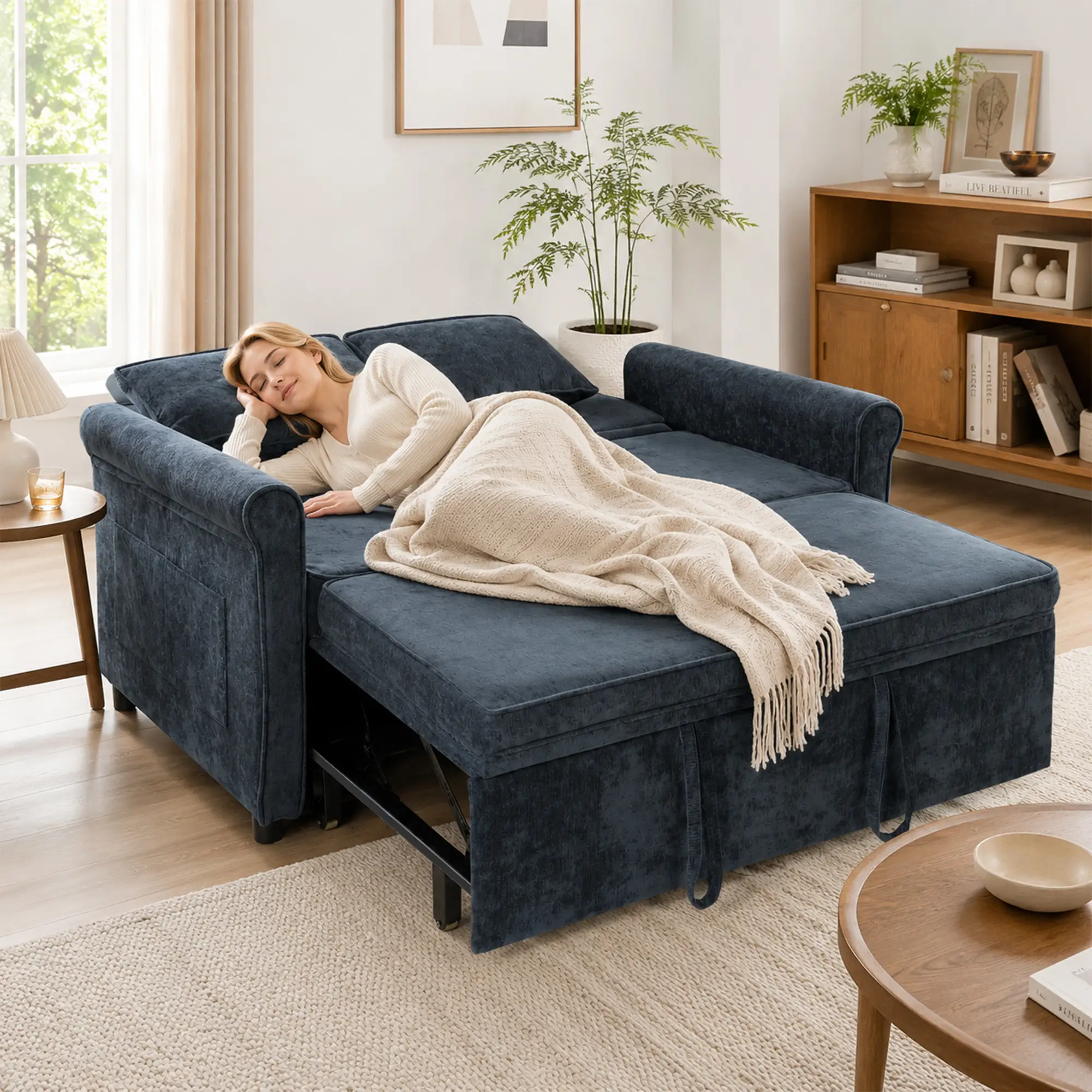 2 Seater Chenille Sofa Bed 130 x 91 x 100cm - Dark Blue - 8