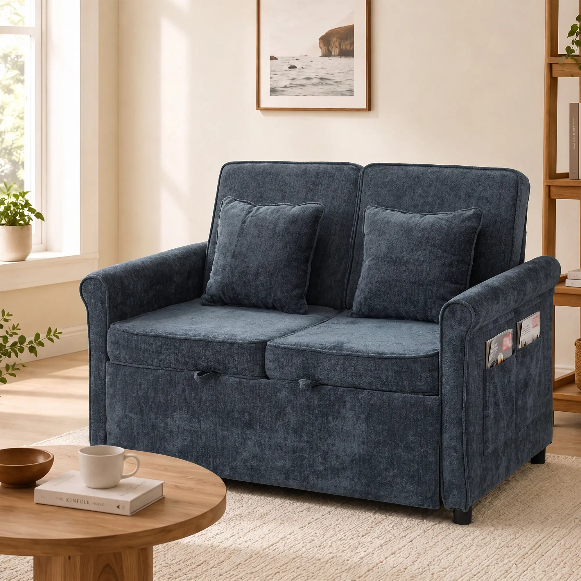 2 Seater Chenille Sofa Bed 130 x 91 x 100cm - Dark Blue - 9