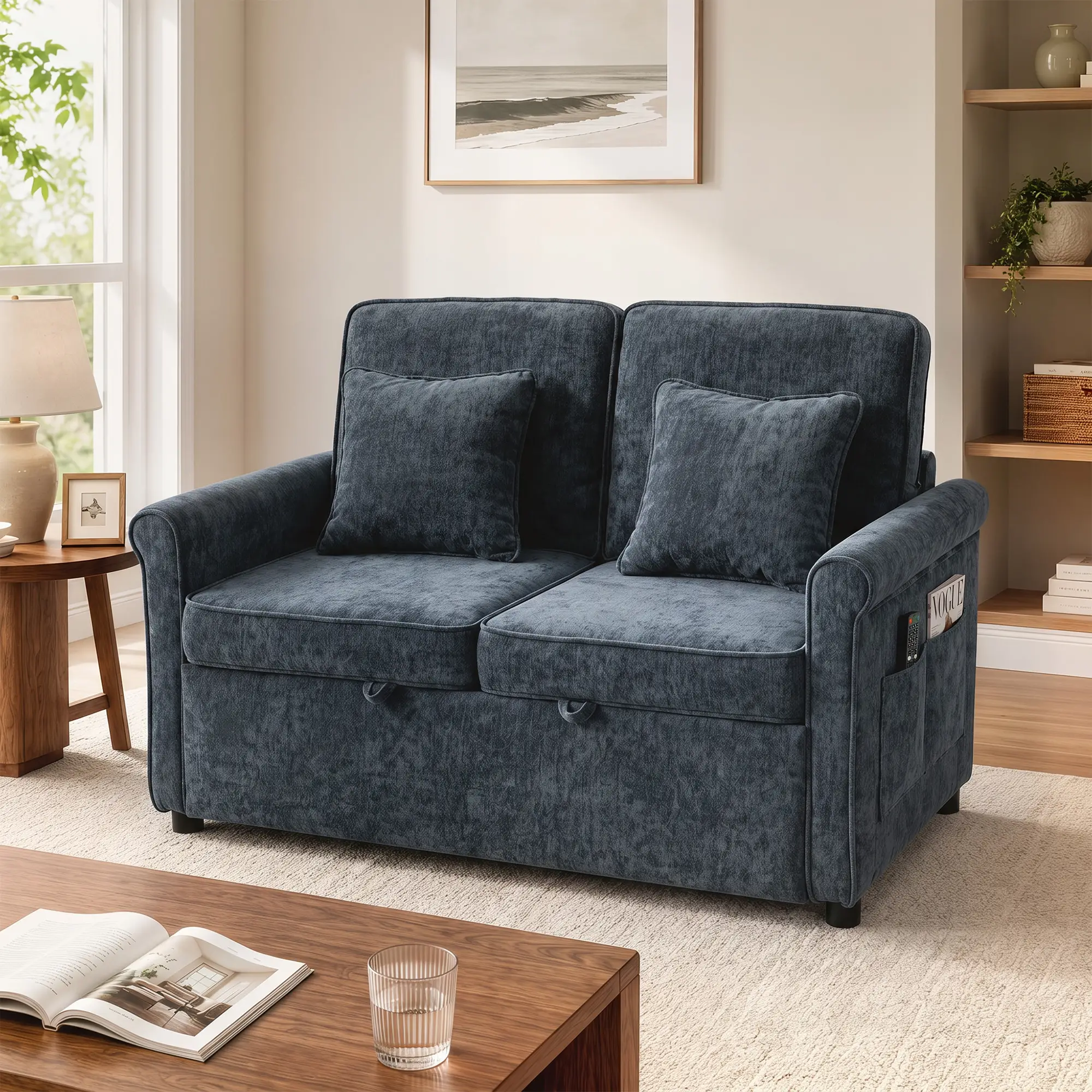 2 Seater Chenille Sofa Bed 130 x 91 x 100cm - Dark Blue - 14