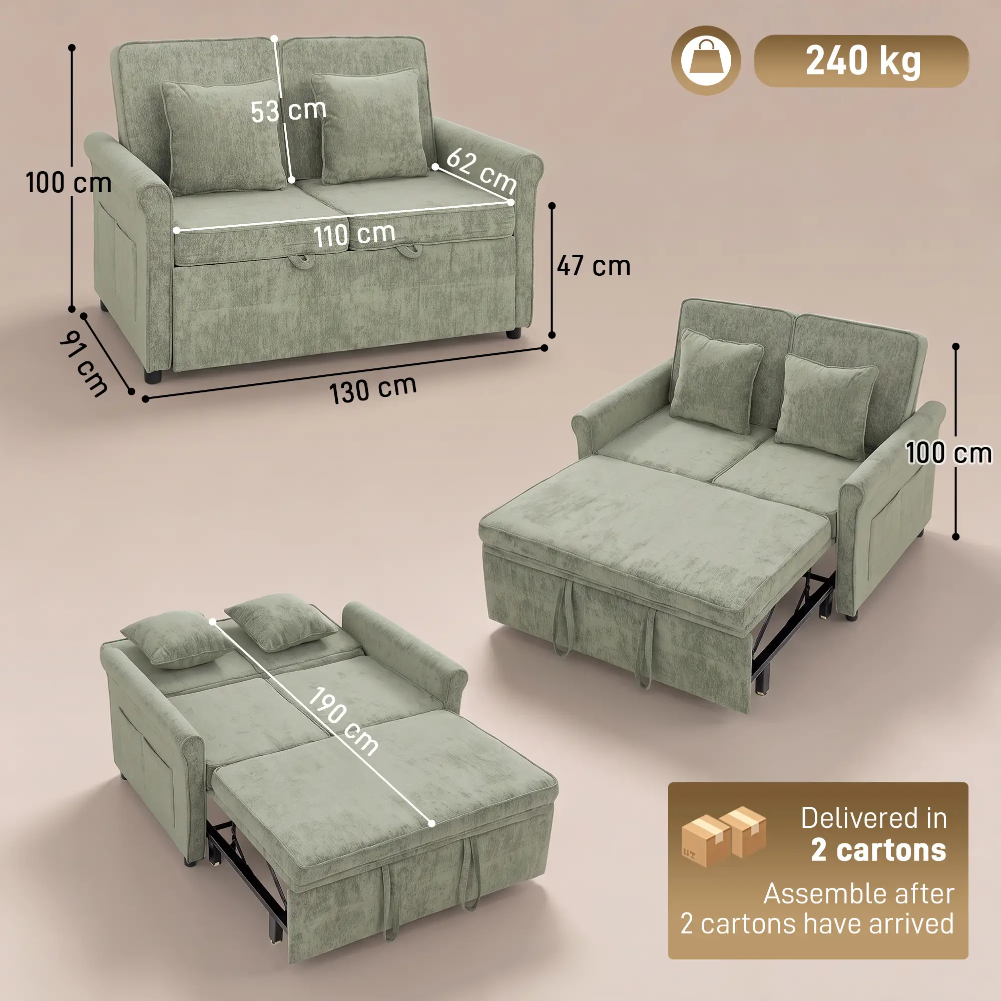 2 Seater Chenille Sofa Bed 130 x 91 x 100cm - Light Green - 3