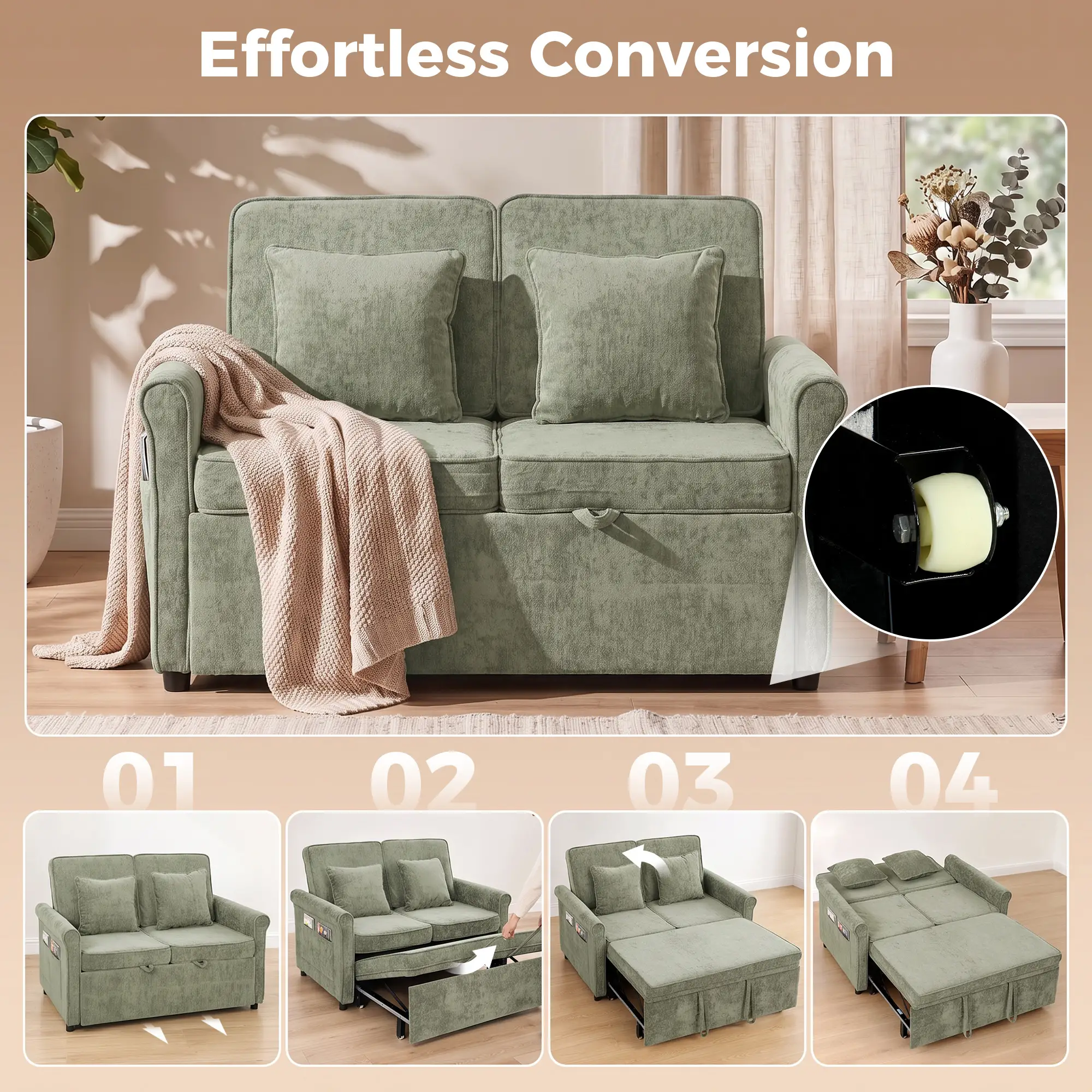 2 Seater Chenille Sofa Bed 130 x 91 x 100cm - Light Green - 4