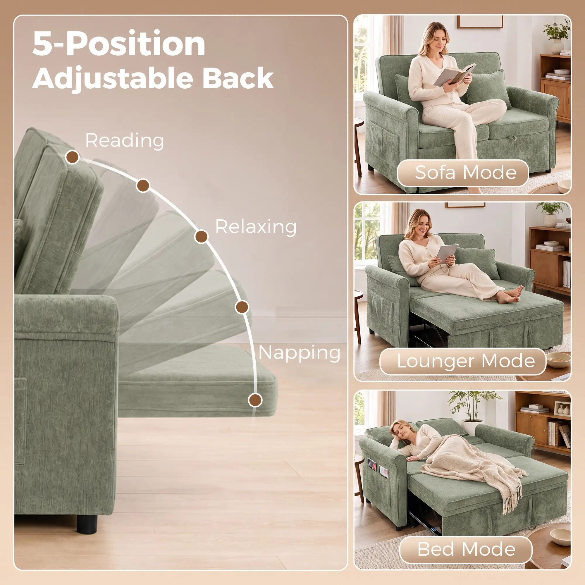2 Seater Chenille Sofa Bed 130 x 91 x 100cm - Light Green - 5