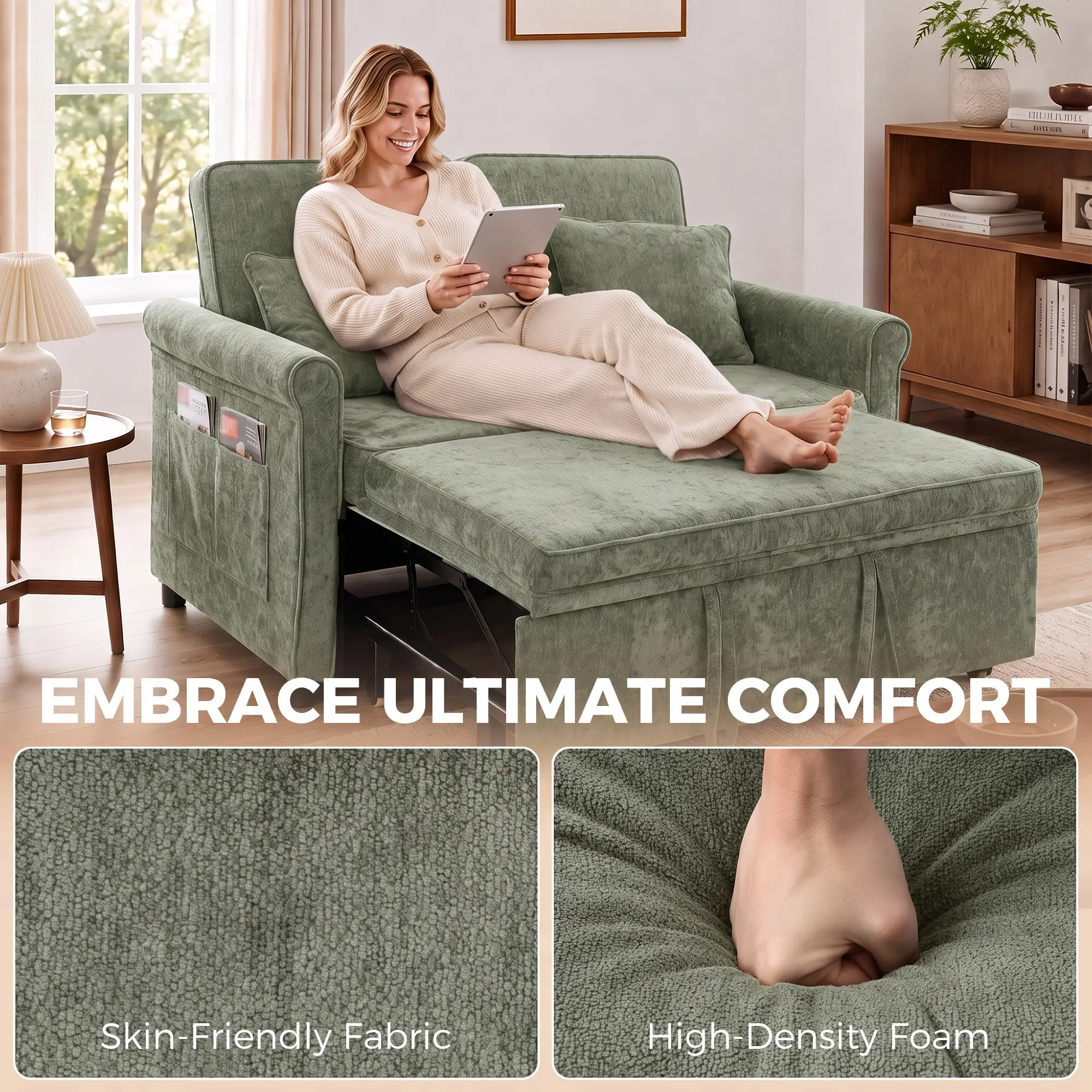 2 Seater Chenille Sofa Bed 130 x 91 x 100cm - Light Green - 6