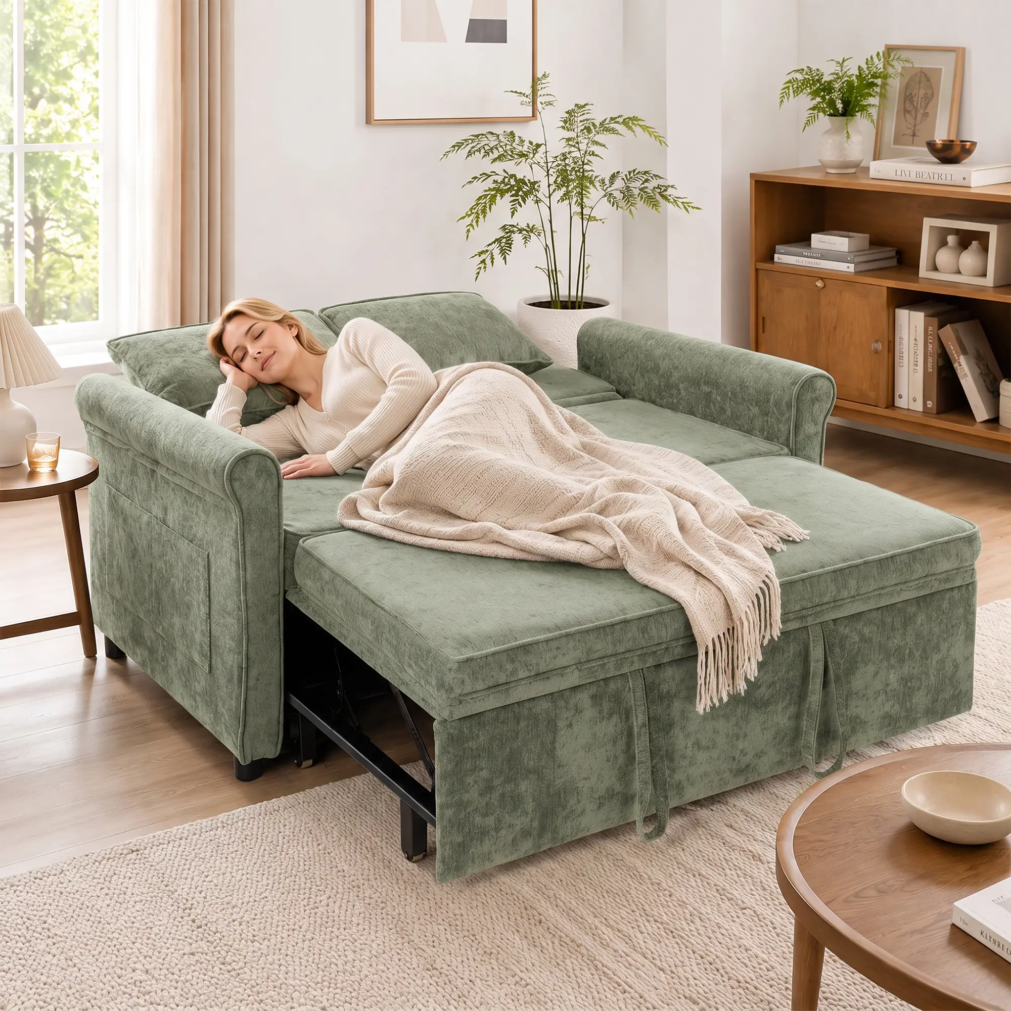 2 Seater Chenille Sofa Bed 130 x 91 x 100cm - Light Green - 8