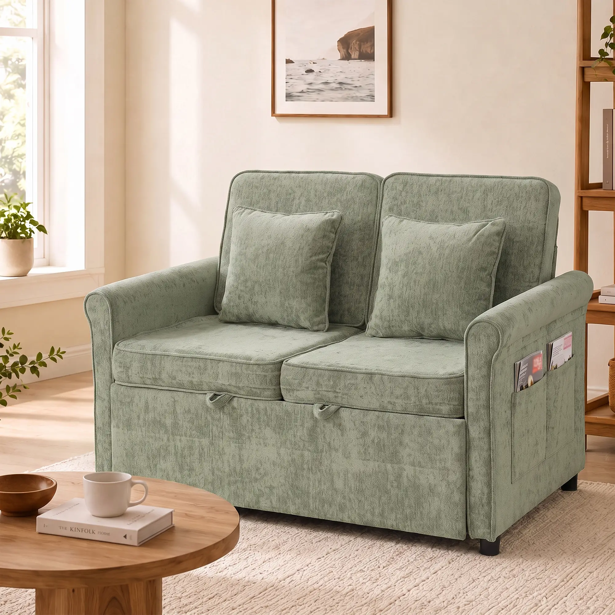 2 Seater Chenille Sofa Bed 130 x 91 x 100cm - Light Green - 9