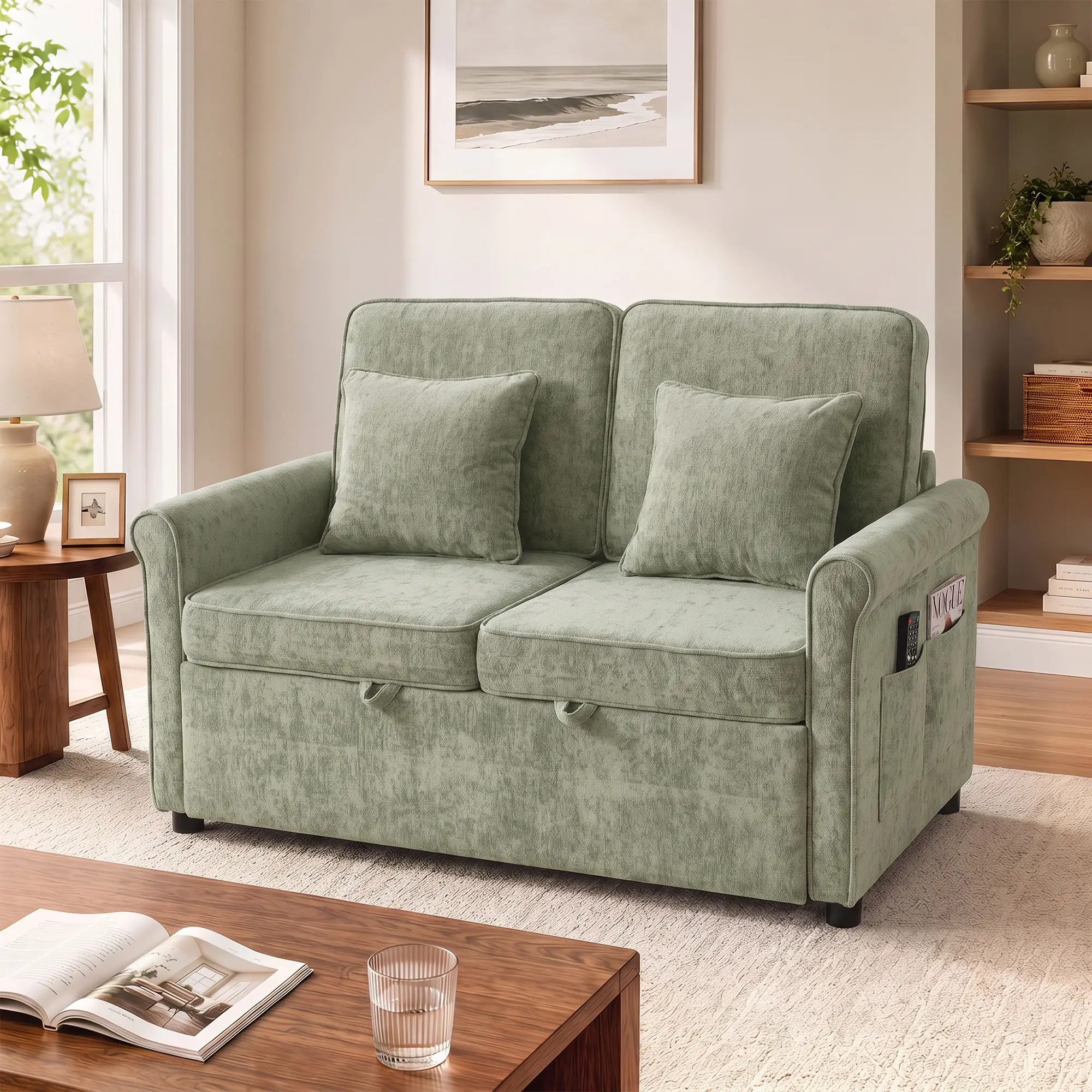2 Seater Chenille Sofa Bed 130 x 91 x 100cm - Light Green - 14