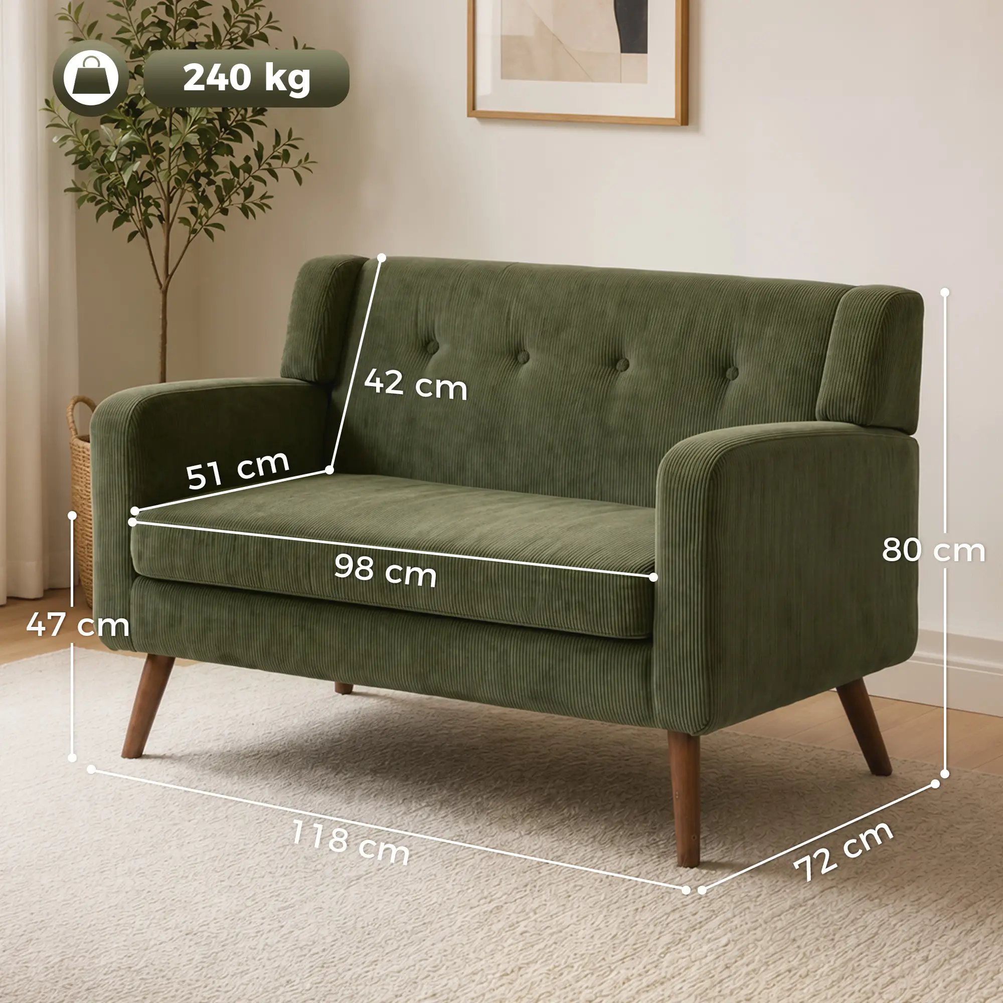 2 Seater Corduroy Sofa 118 x 72 x 80cm - Dark Green, Walnut - 3
