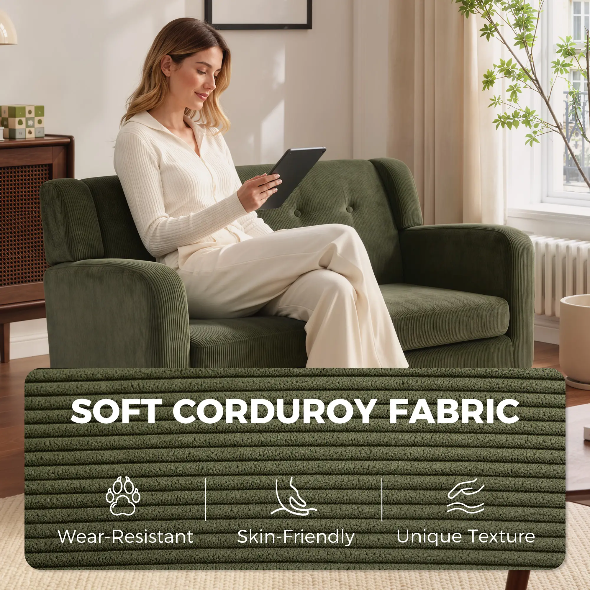2 Seater Corduroy Sofa 118 x 72 x 80cm - Dark Green, Walnut - 4