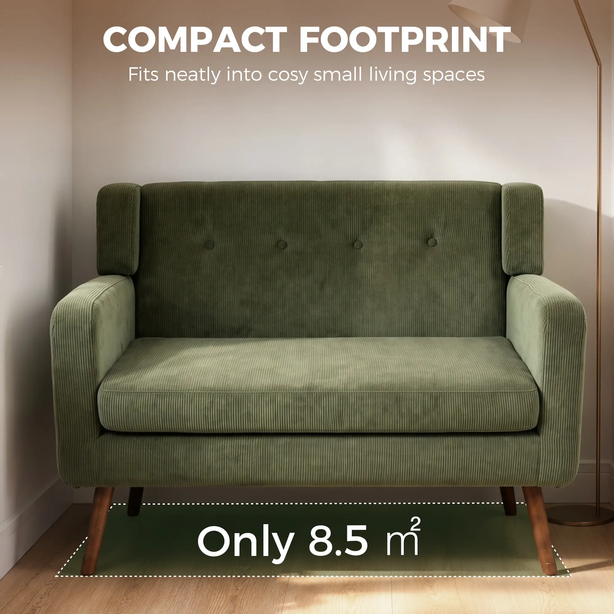 2 Seater Corduroy Sofa 118 x 72 x 80cm - Dark Green, Walnut - 6
