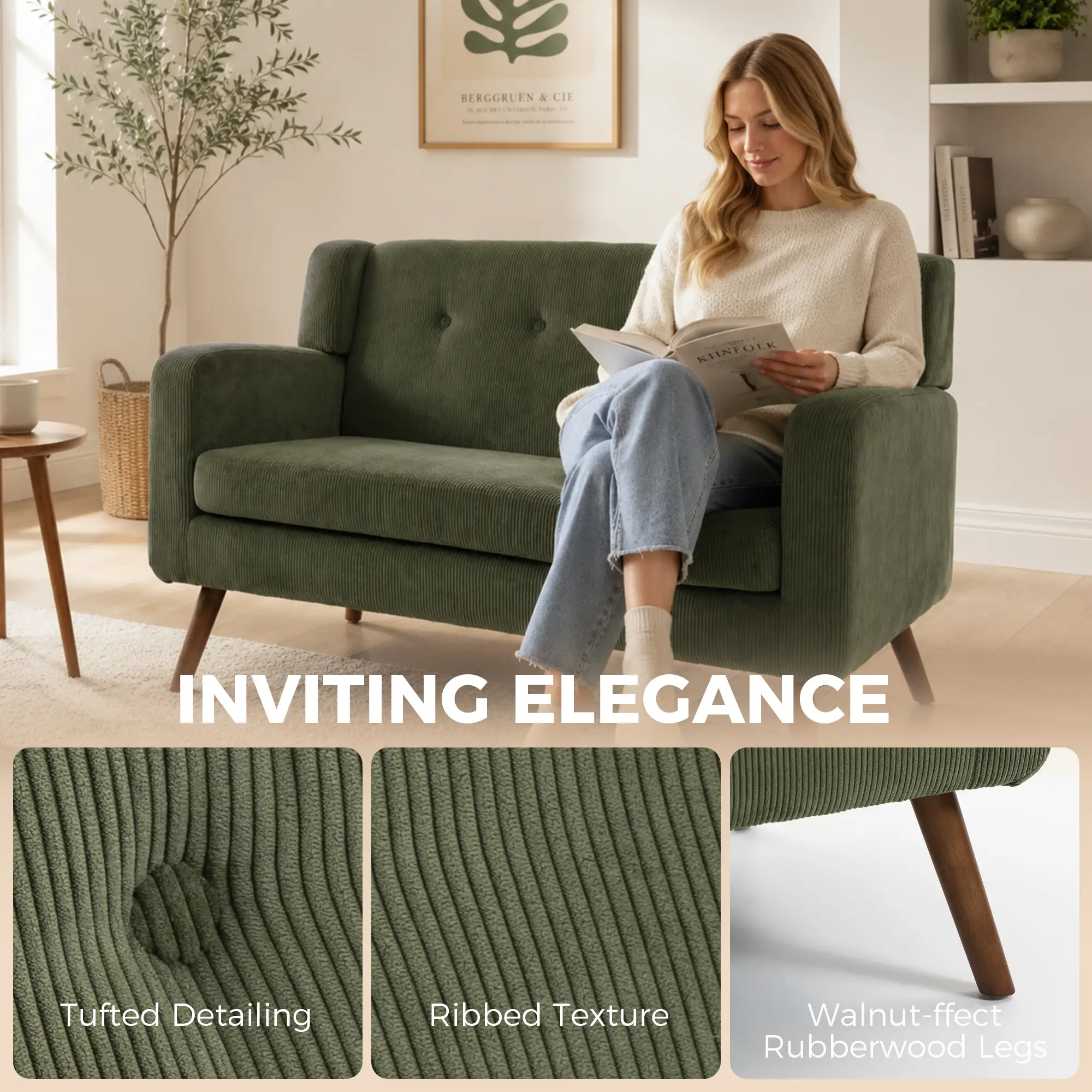 2 Seater Corduroy Sofa 118 x 72 x 80cm - Dark Green, Walnut - 7