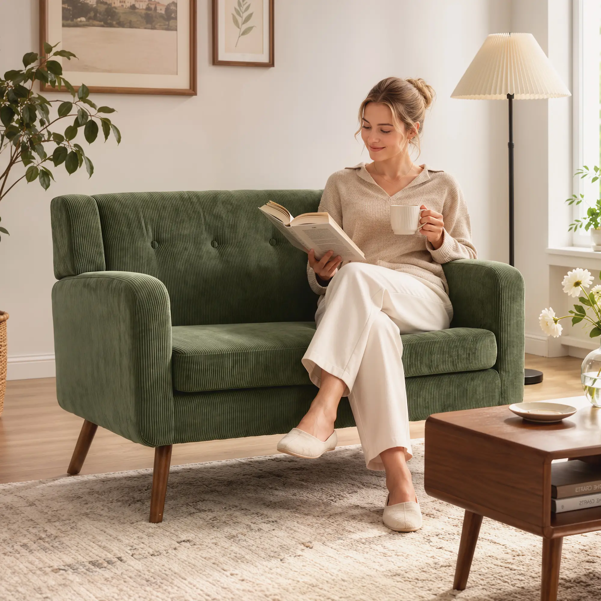 2 Seater Corduroy Sofa 118 x 72 x 80cm - Dark Green, Walnut - 9