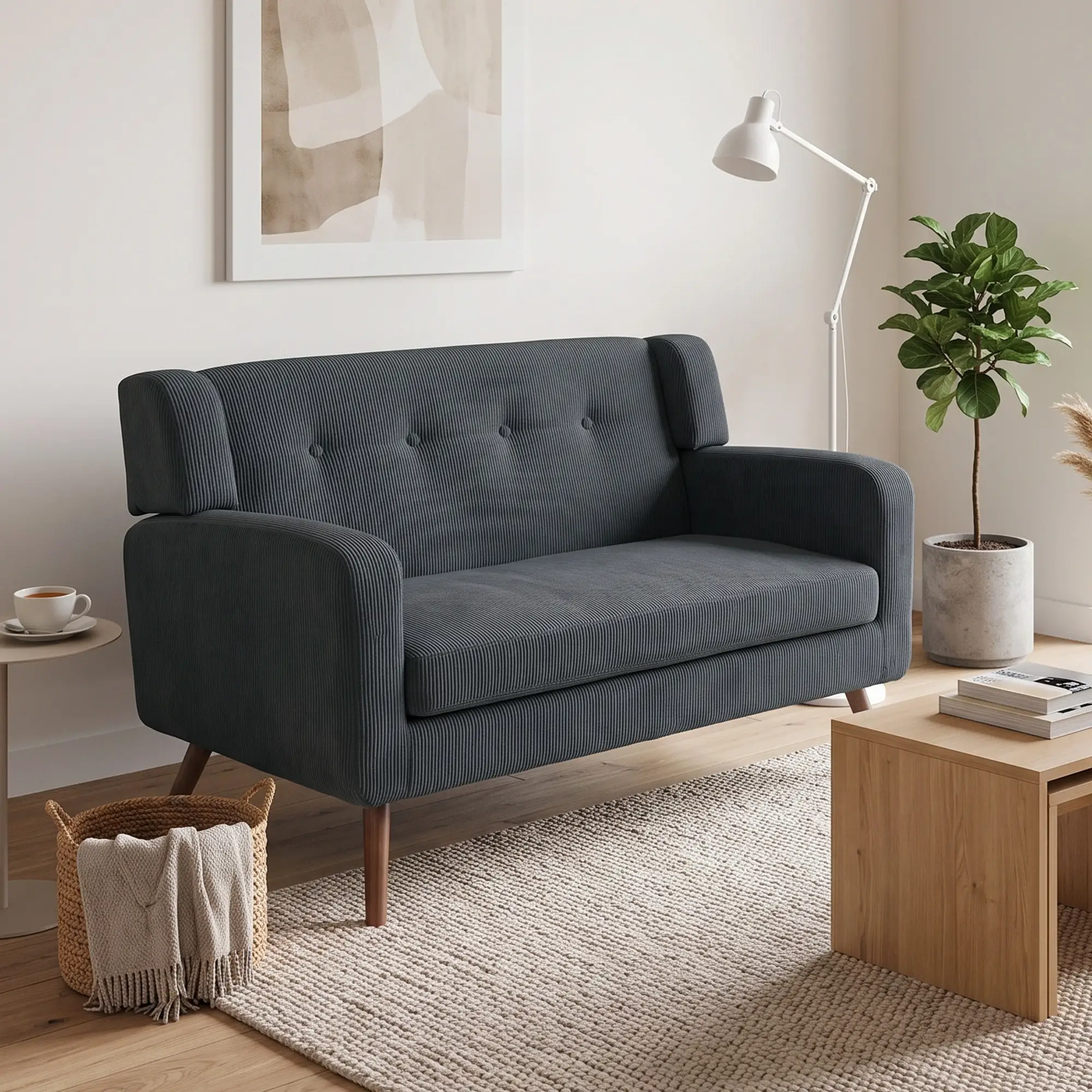 2 Seater Corduroy Sofa 118 x 72 x 80cm - Dark Grey, Walnut - 2