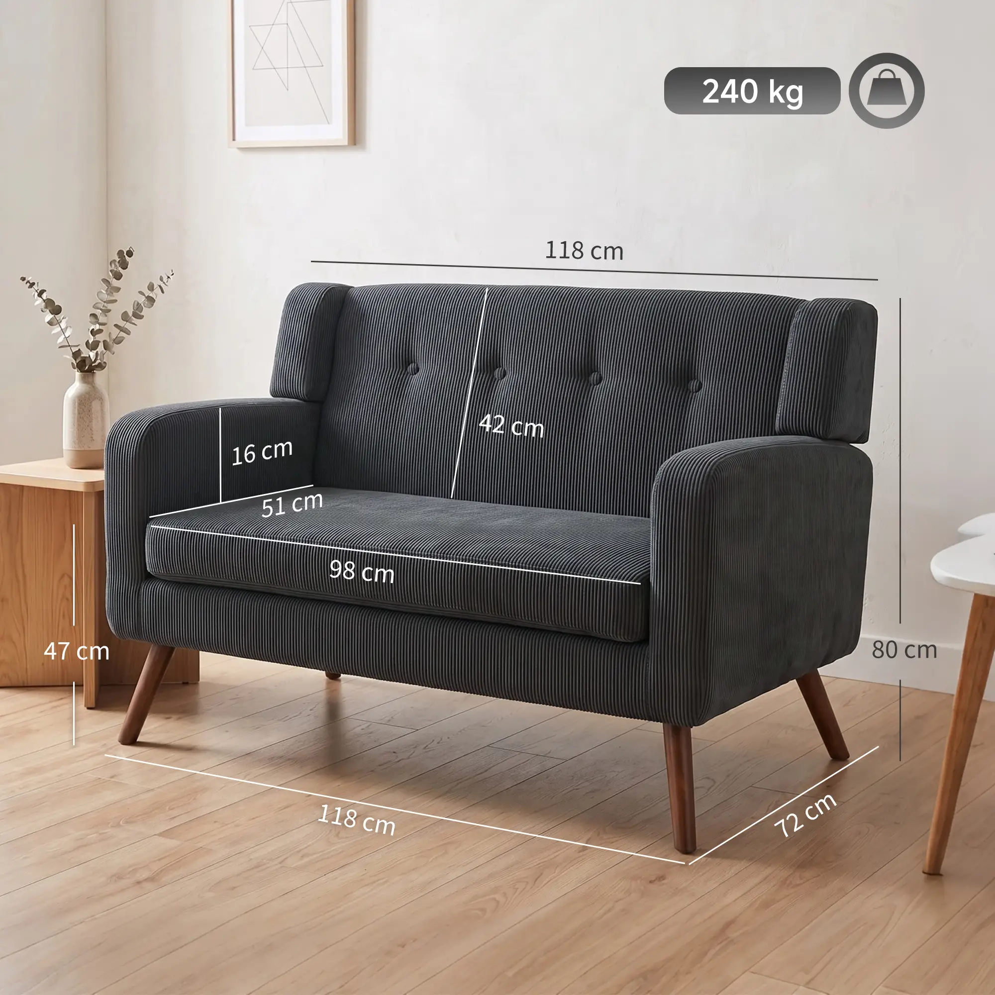 2 Seater Corduroy Sofa 118 x 72 x 80cm - Dark Grey, Walnut - 3