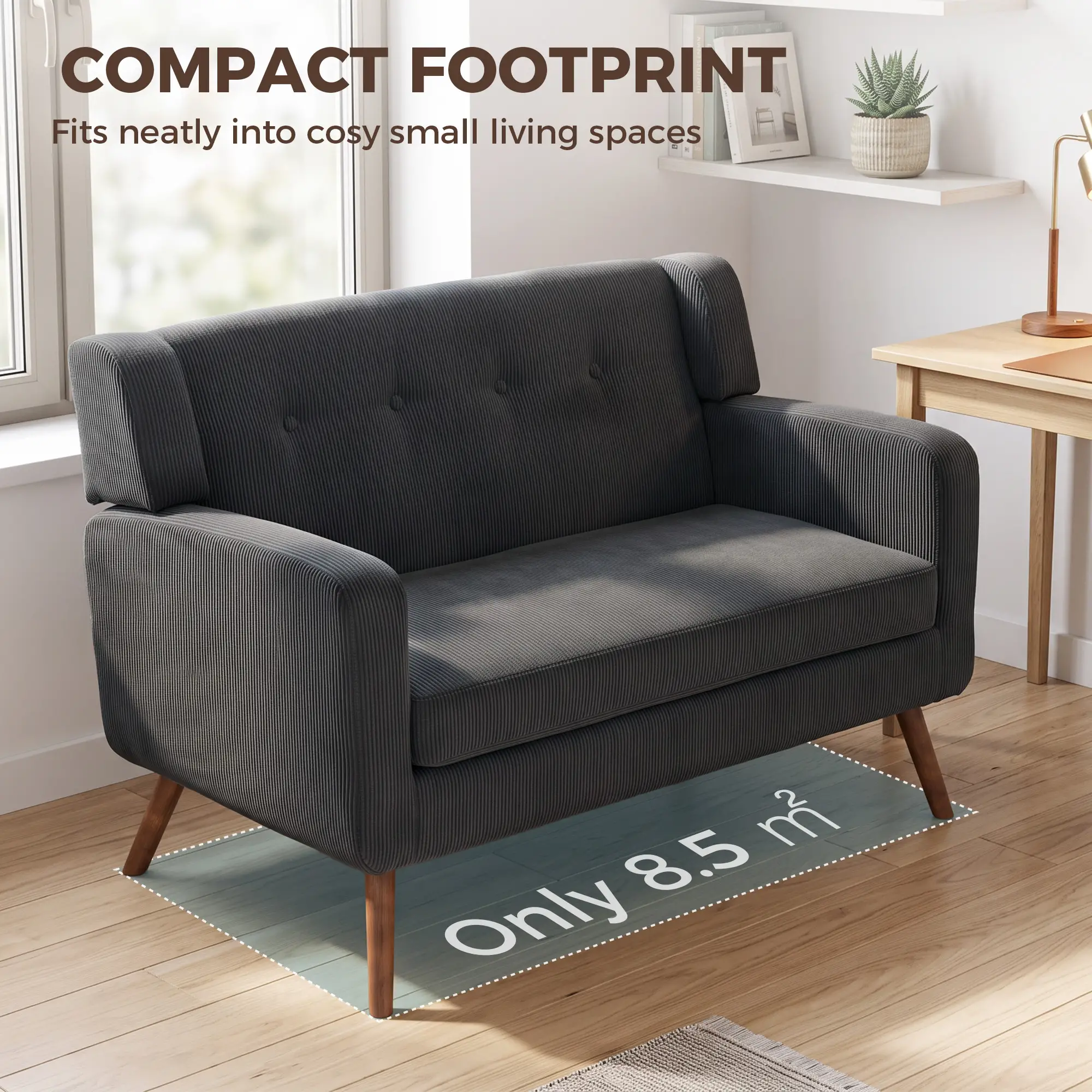 2 Seater Corduroy Sofa 118 x 72 x 80cm - Dark Grey, Walnut - 6