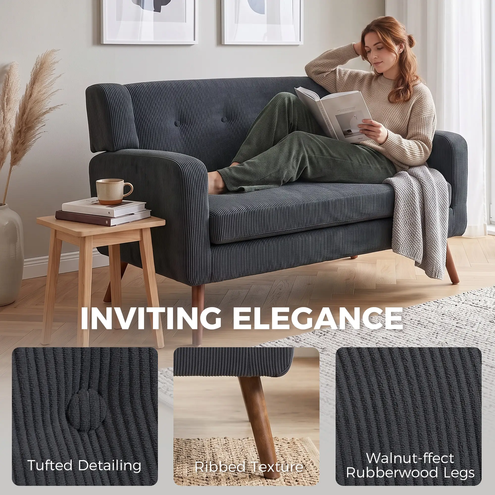 2 Seater Corduroy Sofa 118 x 72 x 80cm - Dark Grey, Walnut - 7