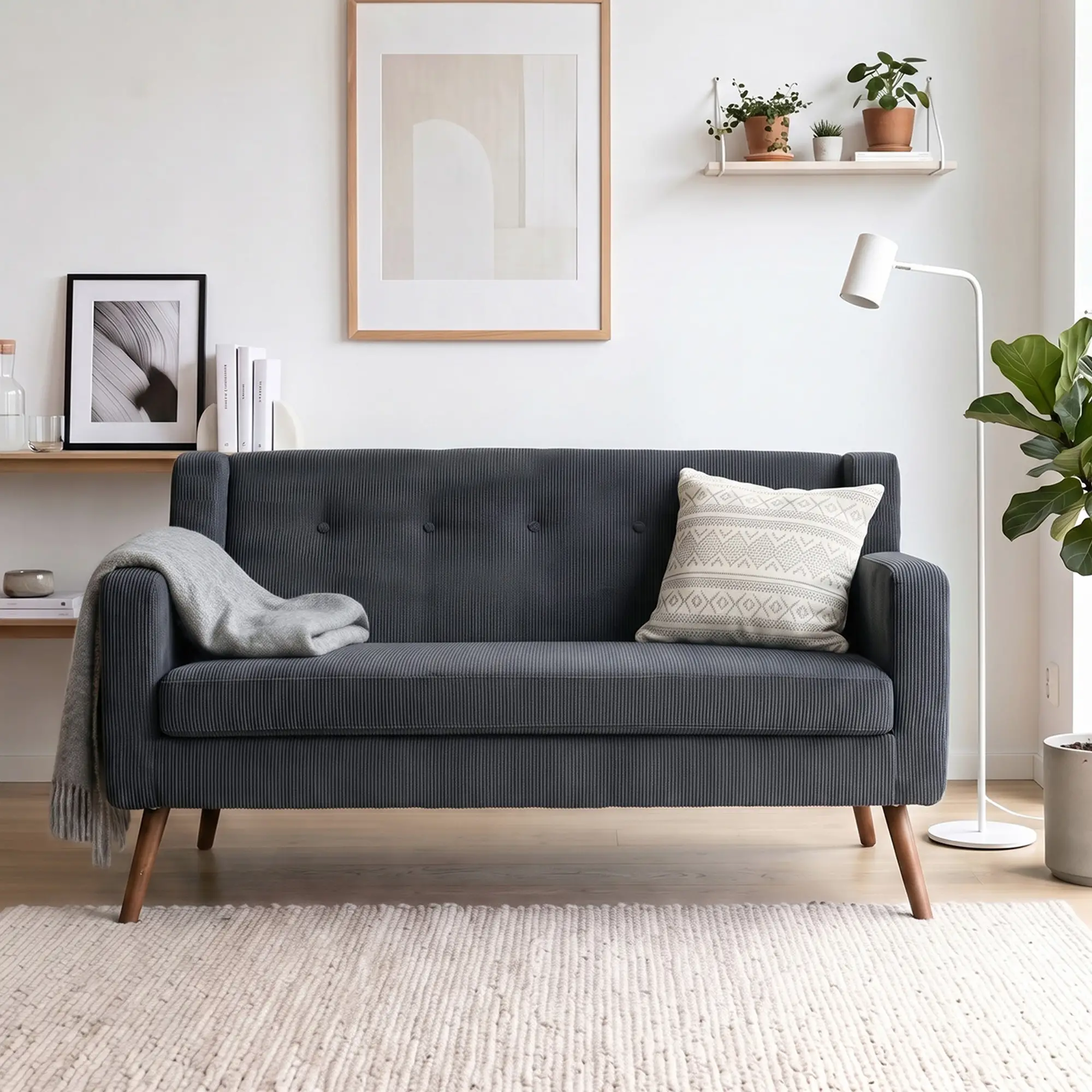 2 Seater Corduroy Sofa 118 x 72 x 80cm - Dark Grey, Walnut - 8