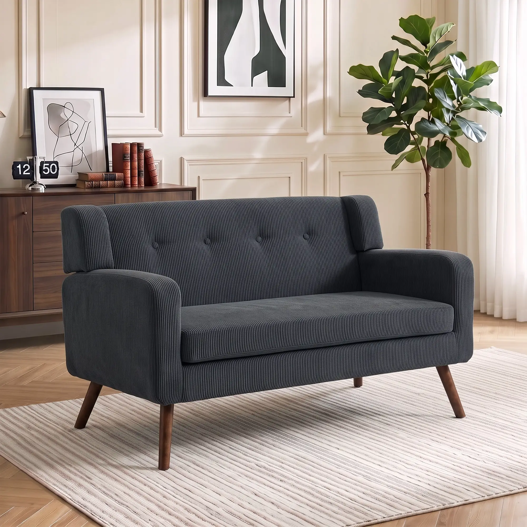 2 Seater Corduroy Sofa 118 x 72 x 80cm - Dark Grey, Walnut - 9