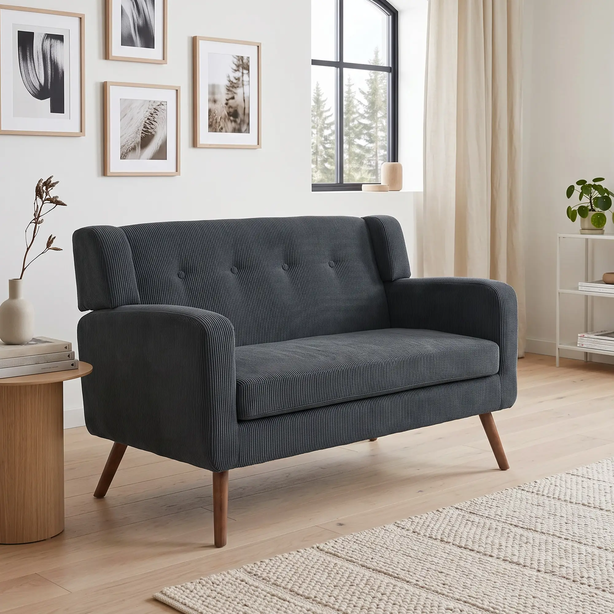 2 Seater Corduroy Sofa 118 x 72 x 80cm - Dark Grey, Walnut - 14